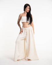 Women's Drawstring Crinkled Cotton Wide Leg Pants in Off White