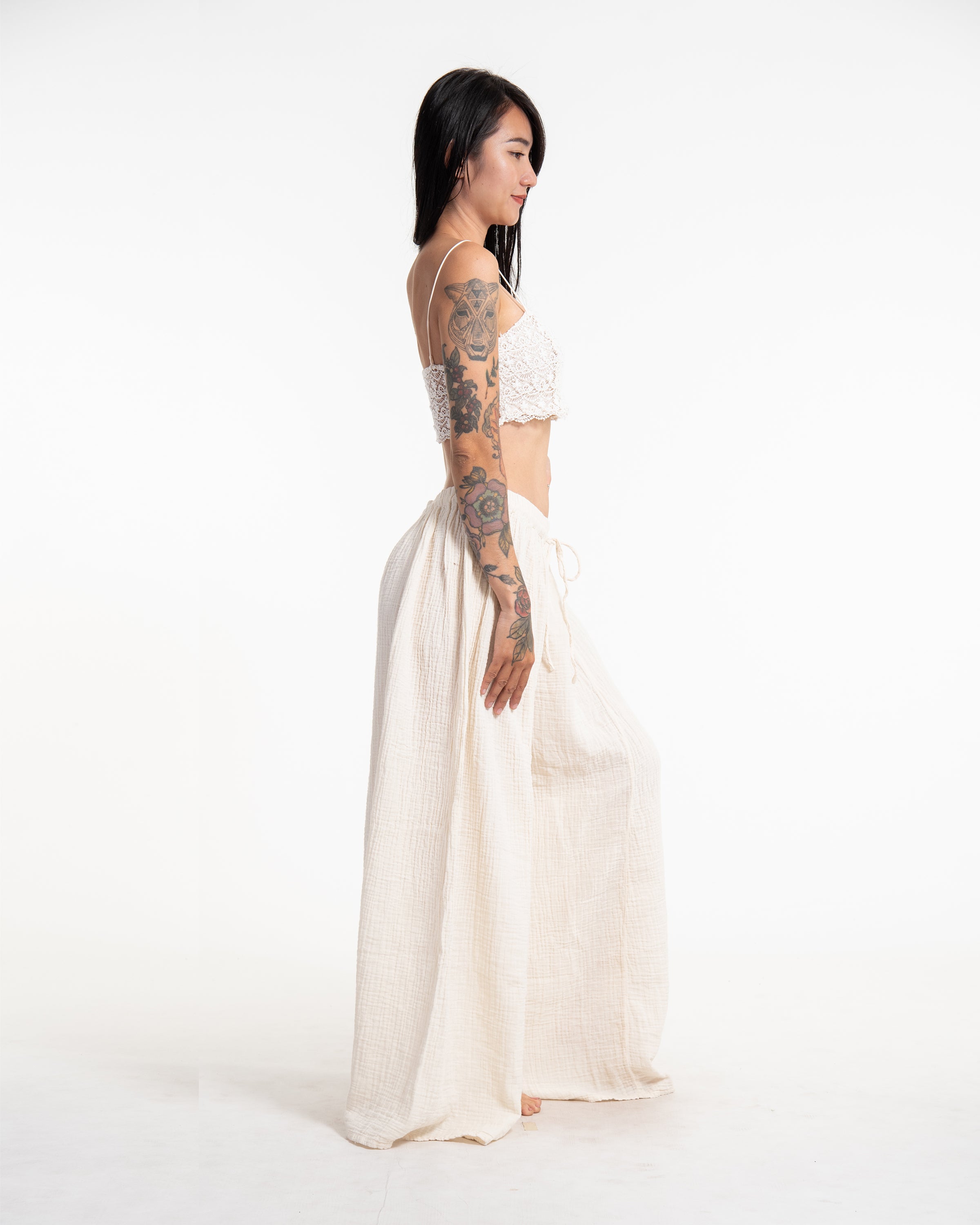 Women's Drawstring Crinkled Cotton Wide Leg Pants in Off White