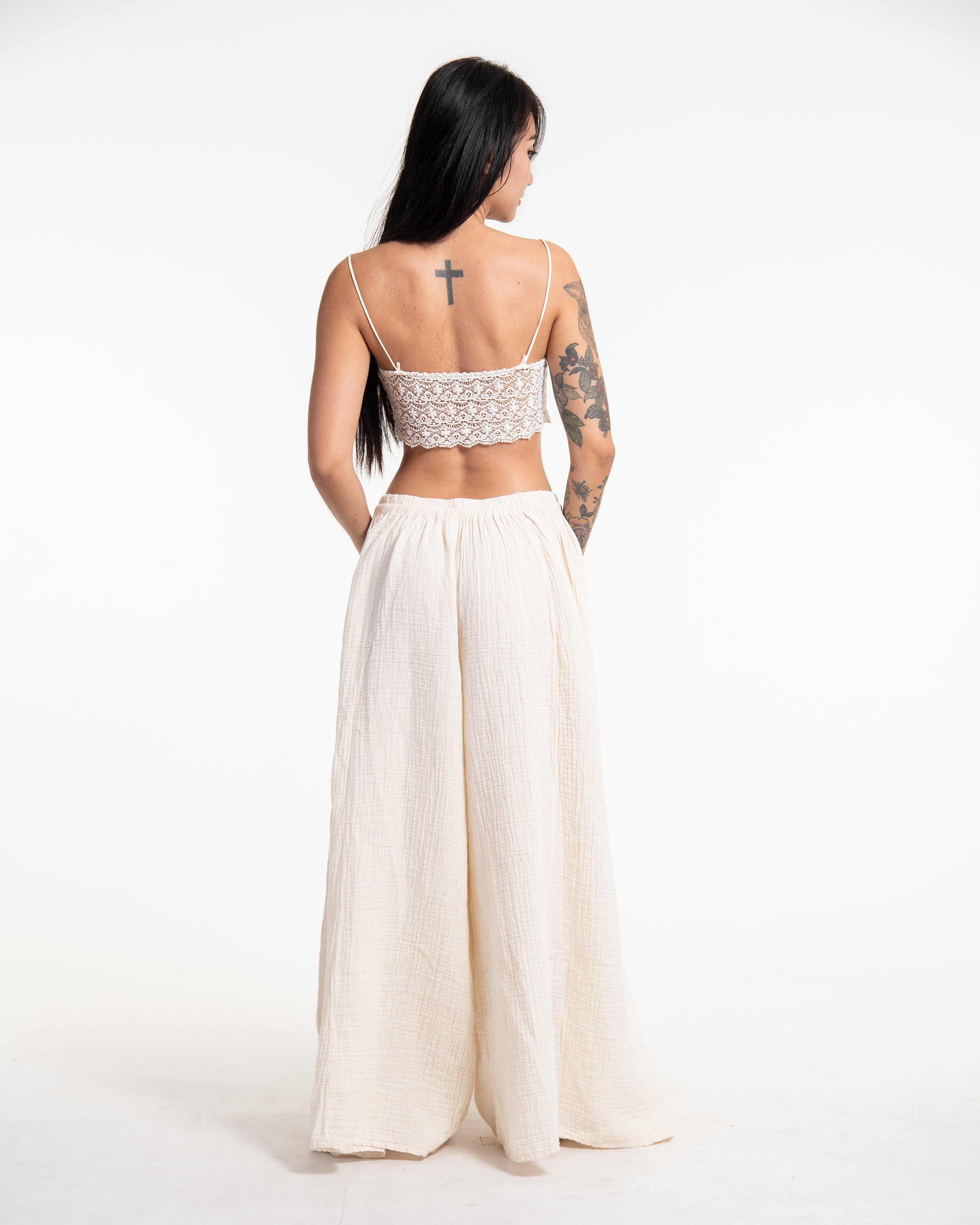 Women's Drawstring Crinkled Cotton Wide Leg Pants in Off White