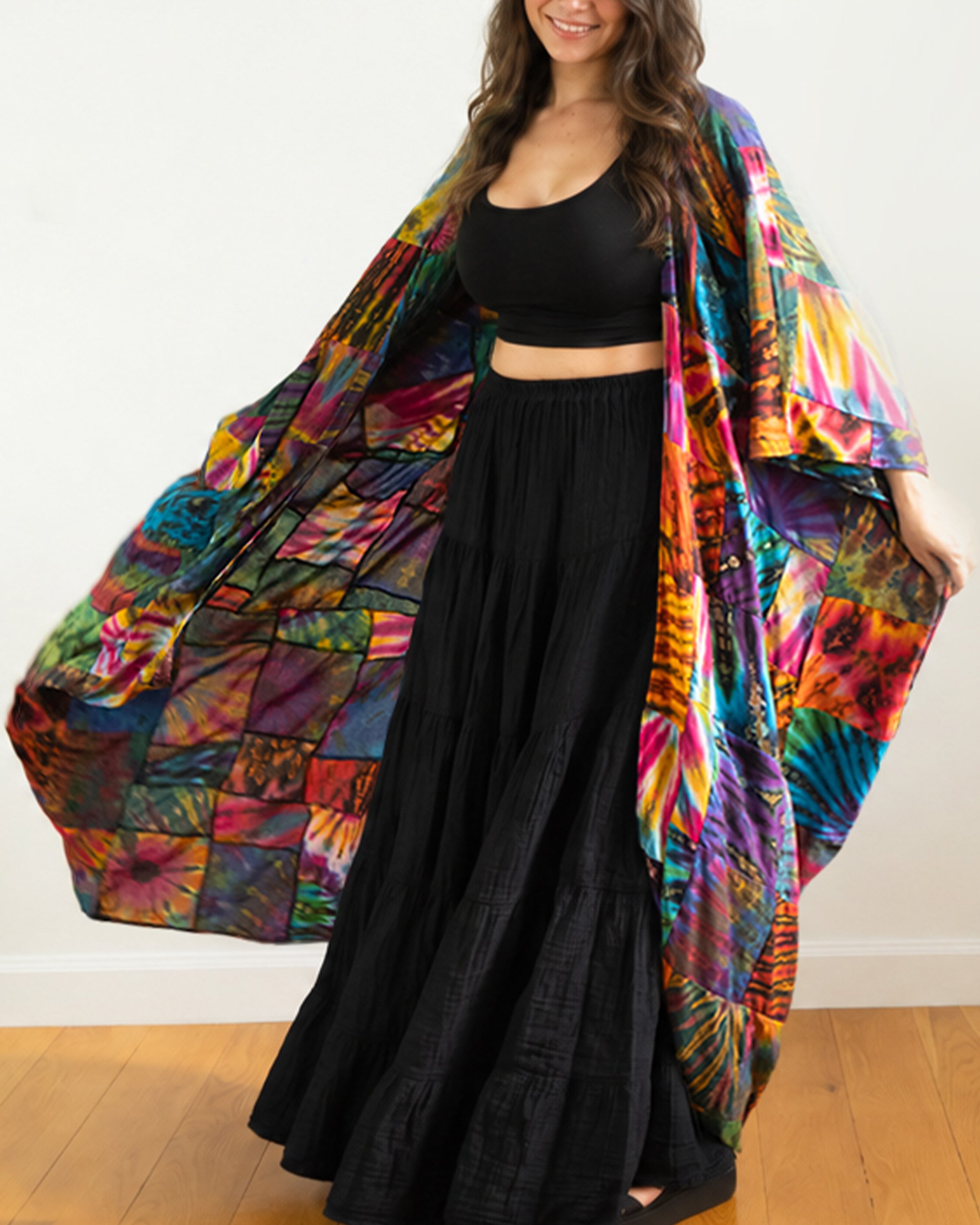 Tie Dye Patchwork Long Kimono Robe 02