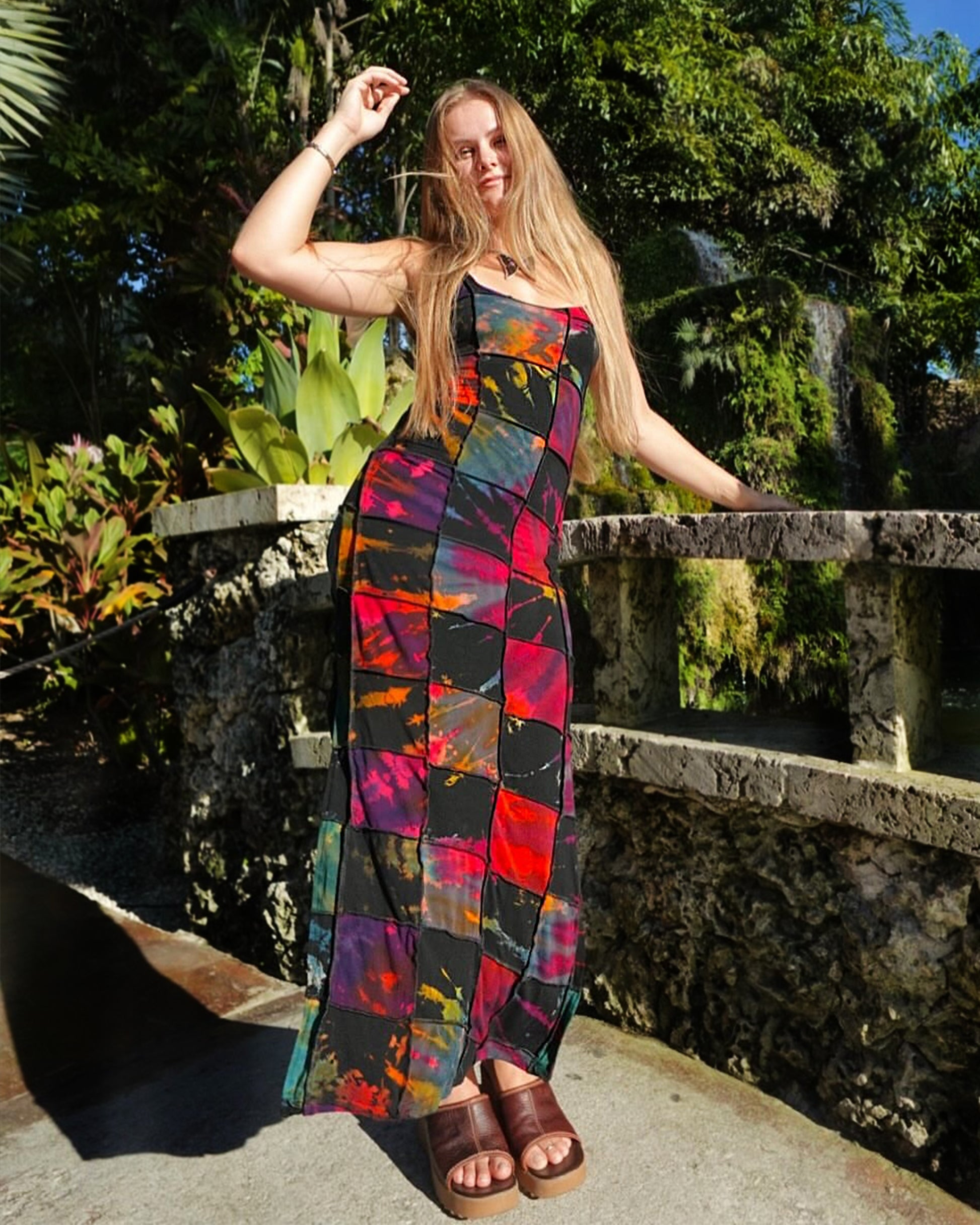 Tie Back Patchwork Tie-Dye Long Dress in Multi Black