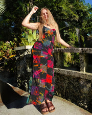 Tie Back Patchwork Tie-Dye Long Dress in Multi Black