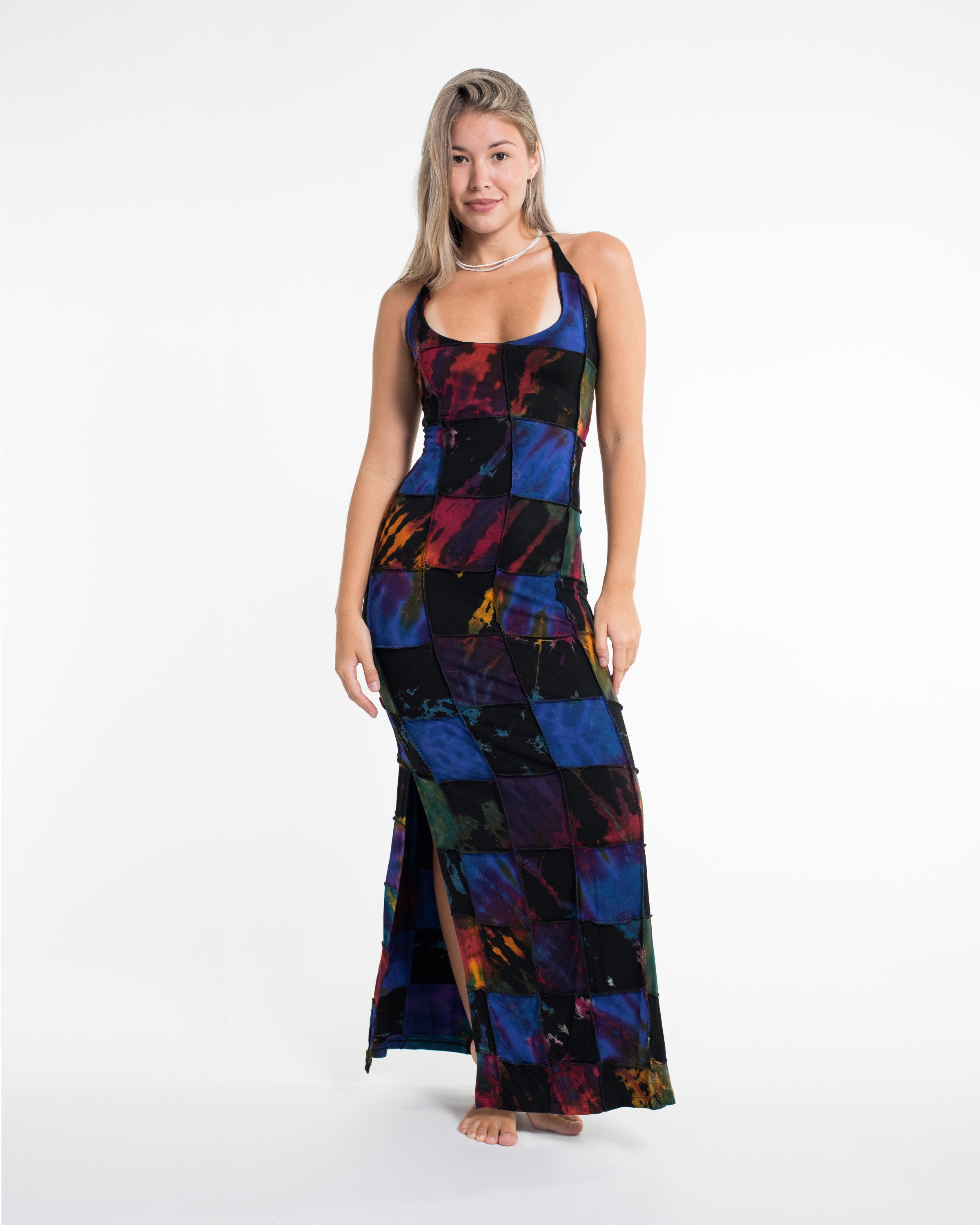 Tie Back Patchwork Tie-Dye Long Dress in Multi Black