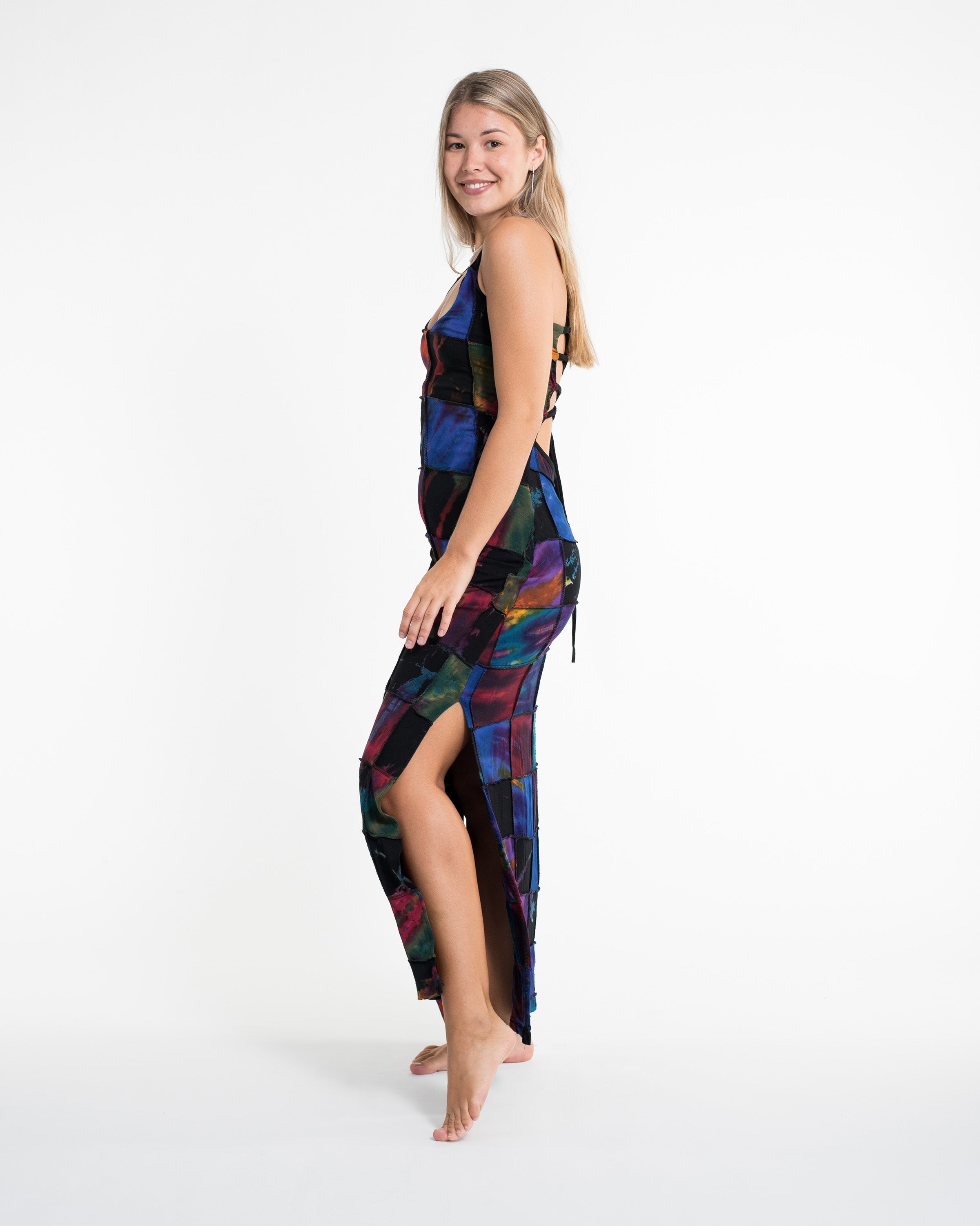 Tie Back Patchwork Tie-Dye Long Dress in Multi Black