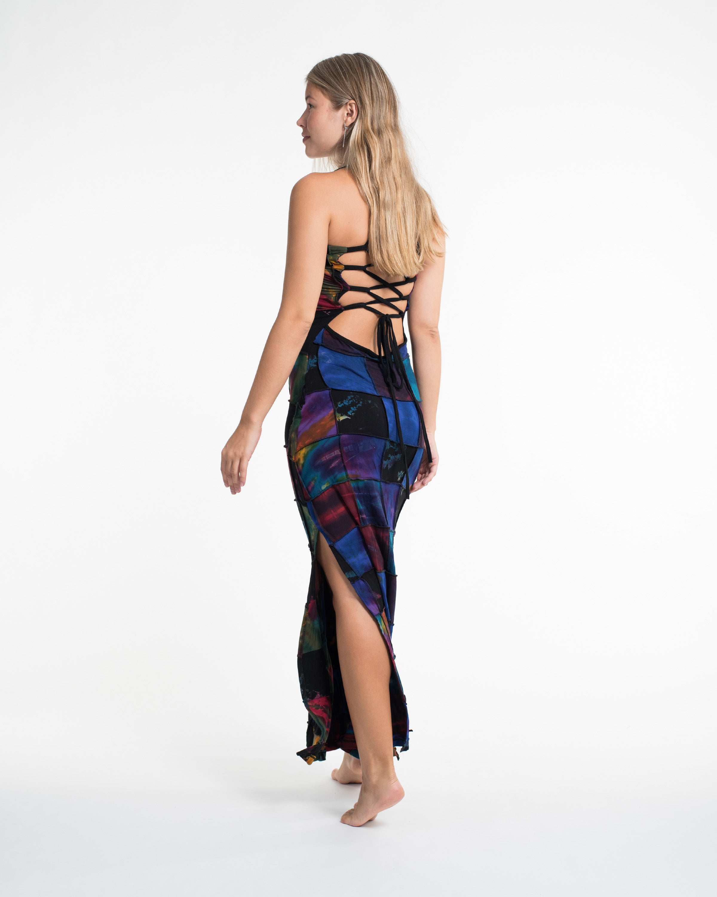 Tie Back Patchwork Tie-Dye Long Dress in Multi Black