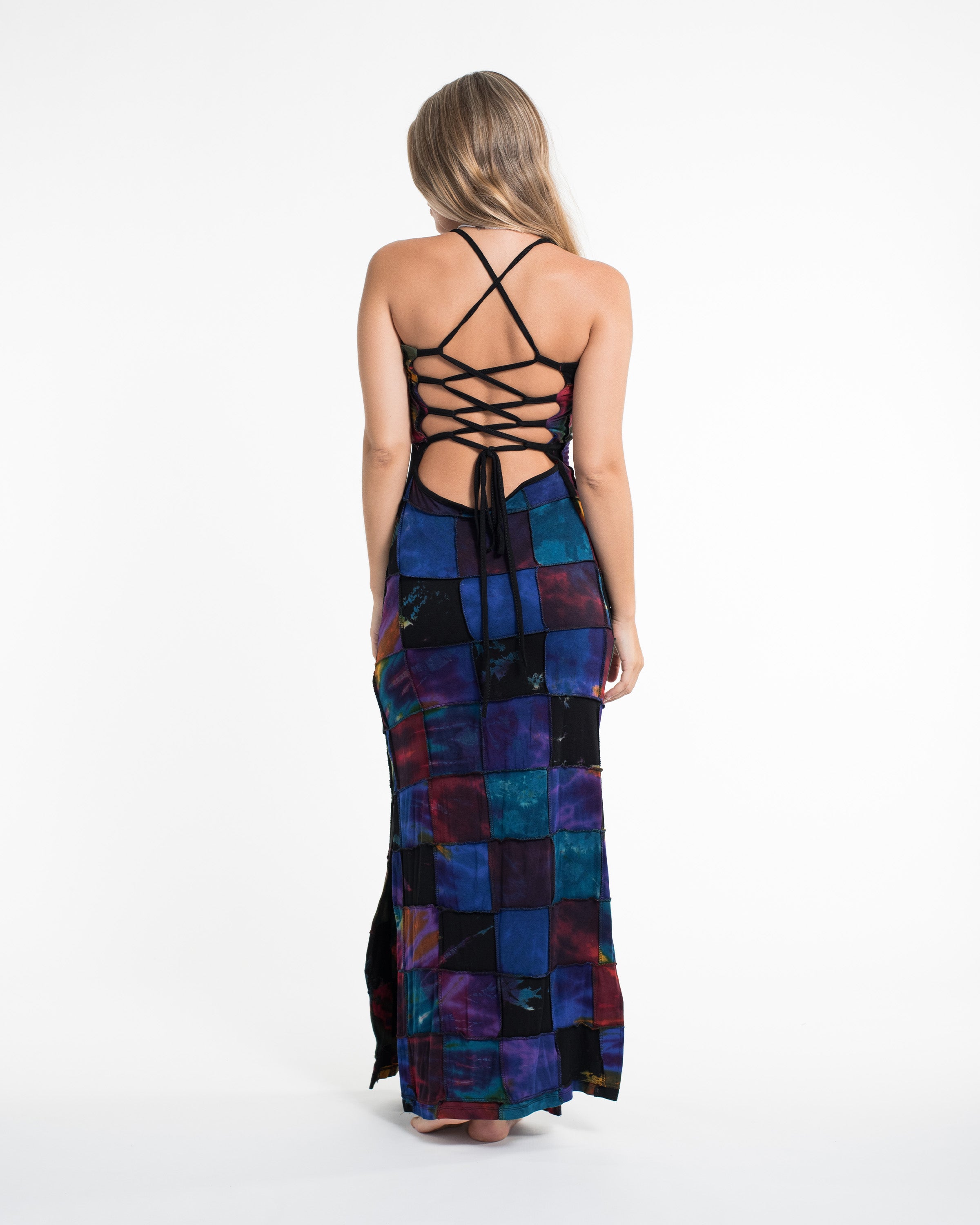 Tie Back Patchwork Tie-Dye Long Dress in Multi Black