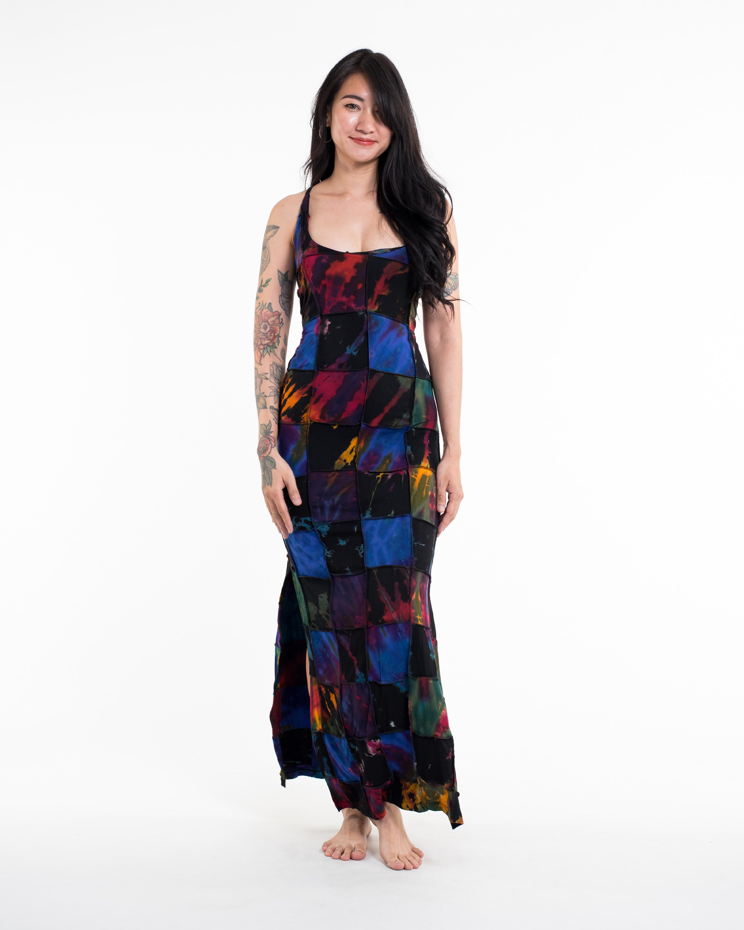 Tie Back Patchwork Tie-Dye Long Dress in Multi Black