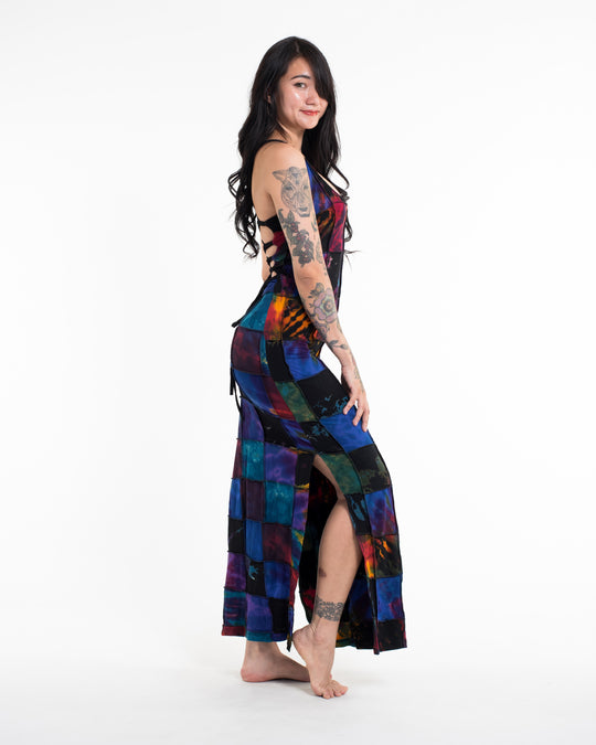 Tie Back Patchwork Tie-Dye Long Dress in Multi Black