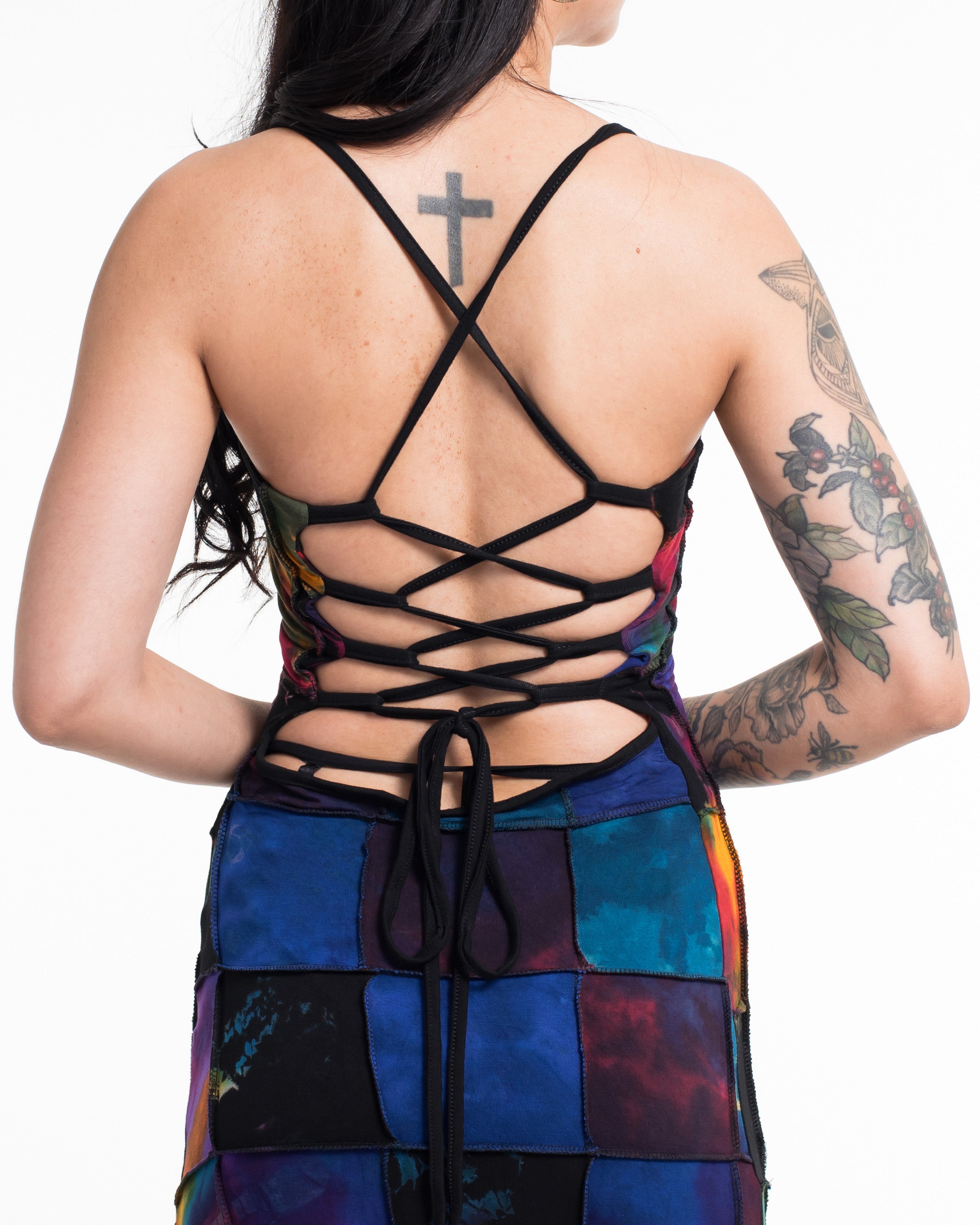 Tie Back Patchwork Tie-Dye Long Dress in Multi Black