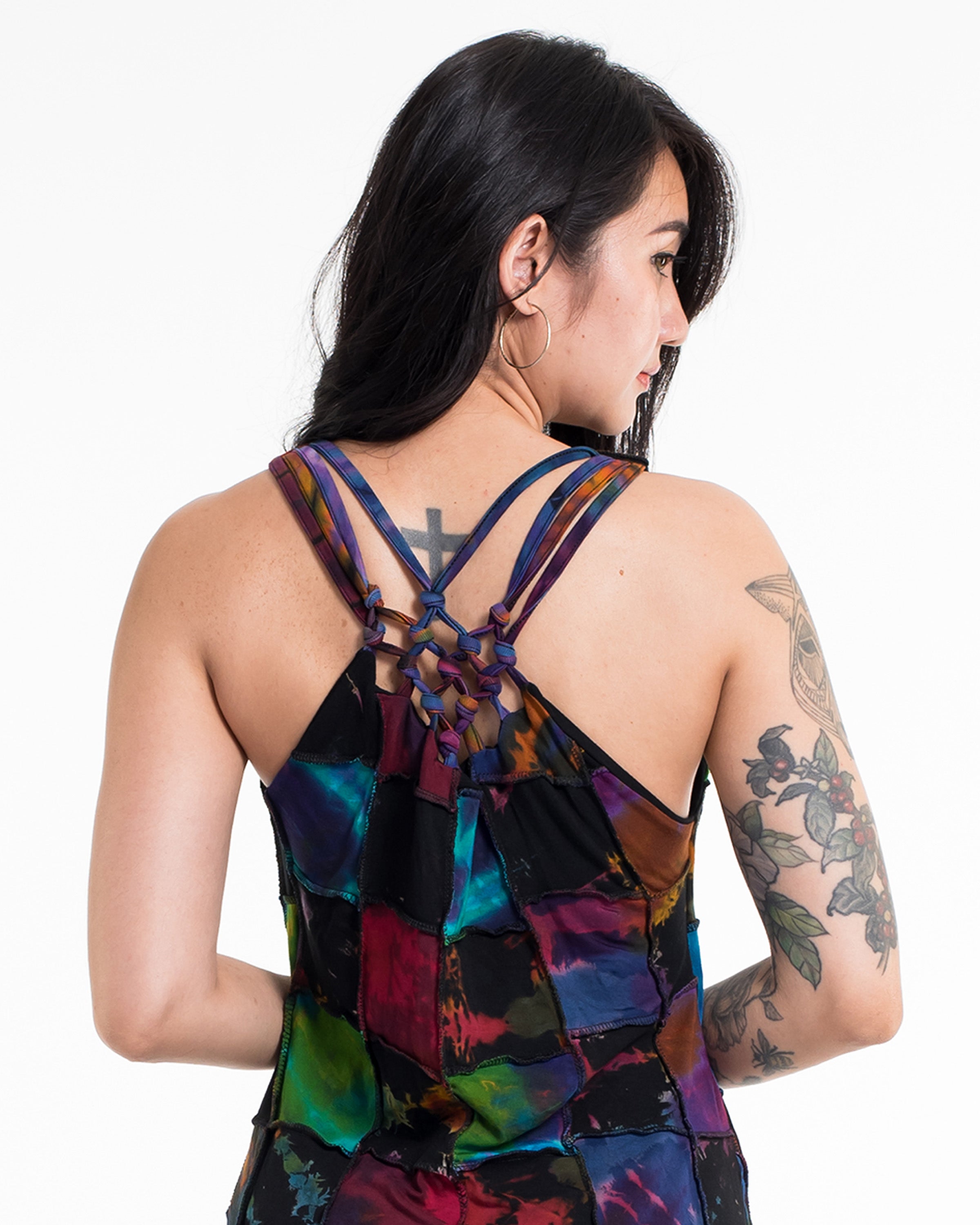 Braided Back Patchwork Tie-Dye Long Dress in Multi Black