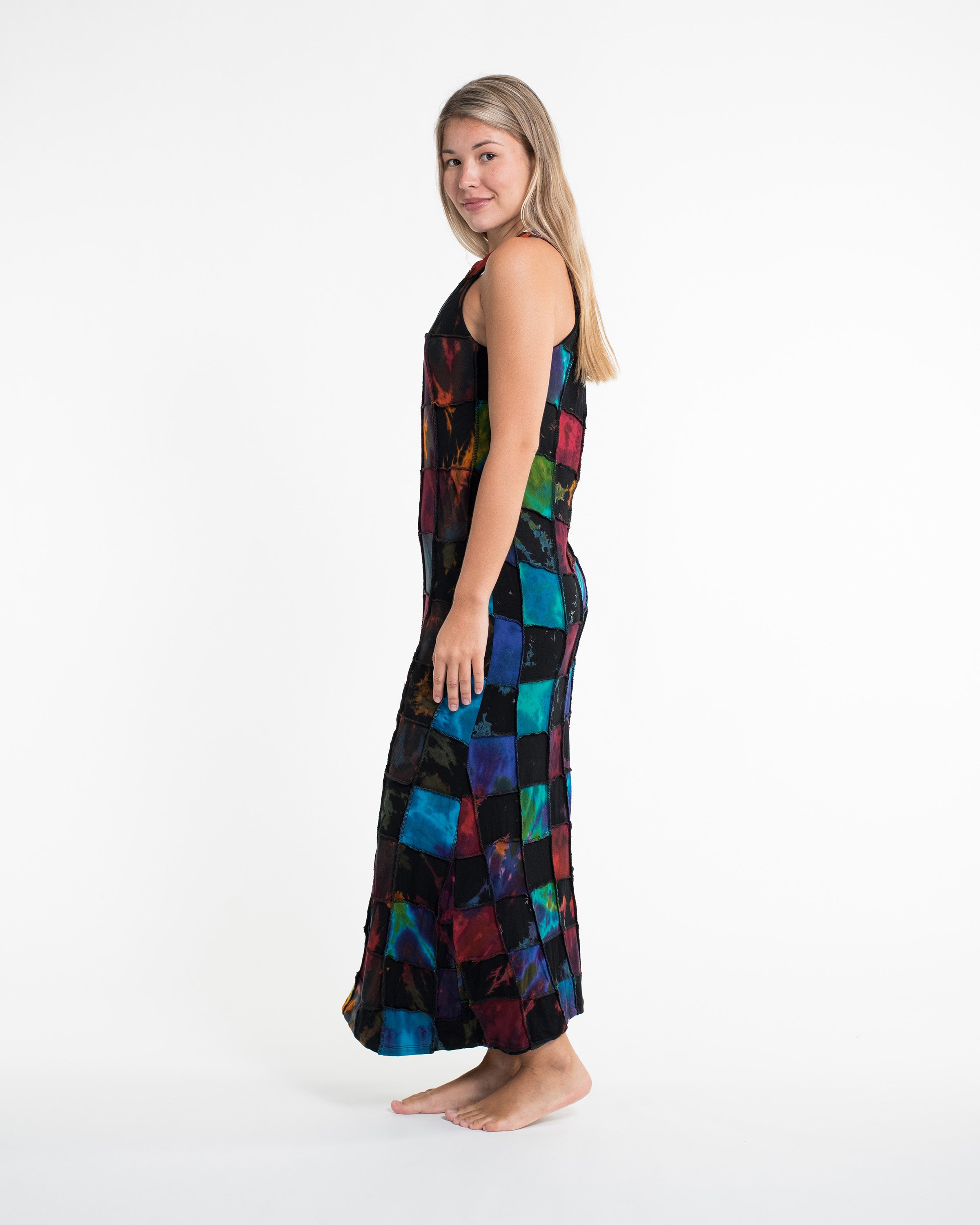 Braided Back Patchwork Tie-Dye Long Dress in Multi Black