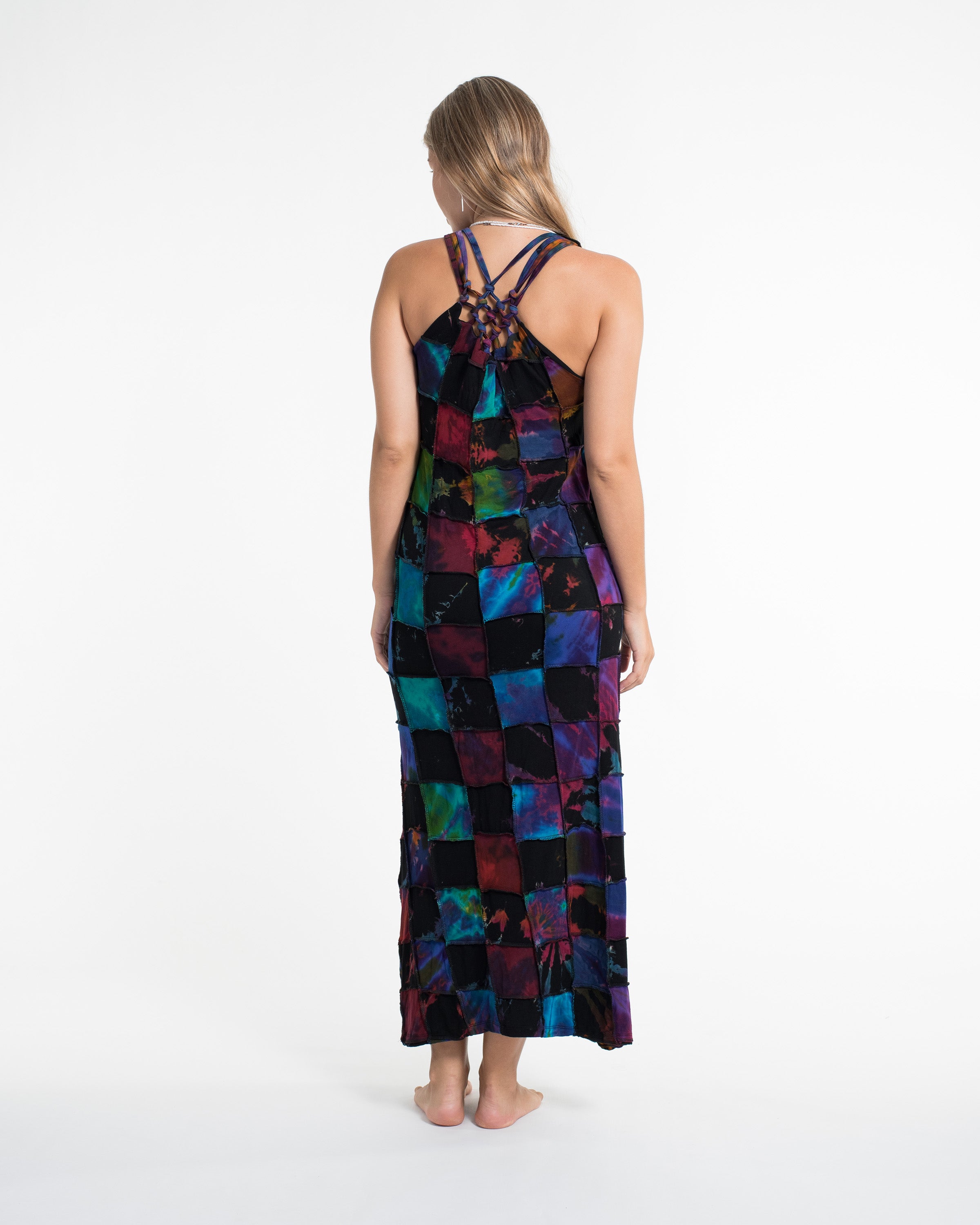 Braided Back Patchwork Tie-Dye Long Dress in Multi Black