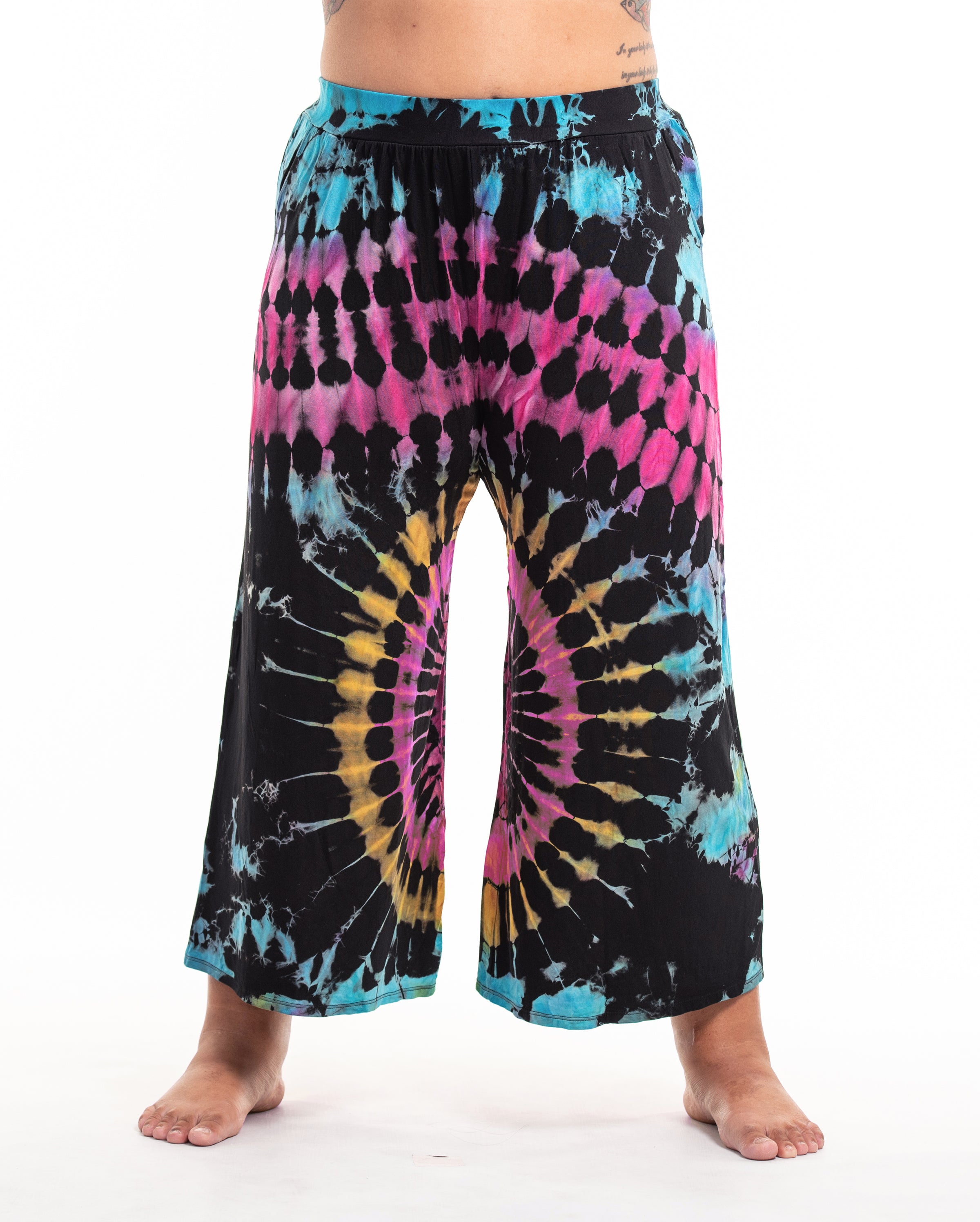 Plus Size Soft Flex Tie Dye Wide Leg Pants in Black Turquoise