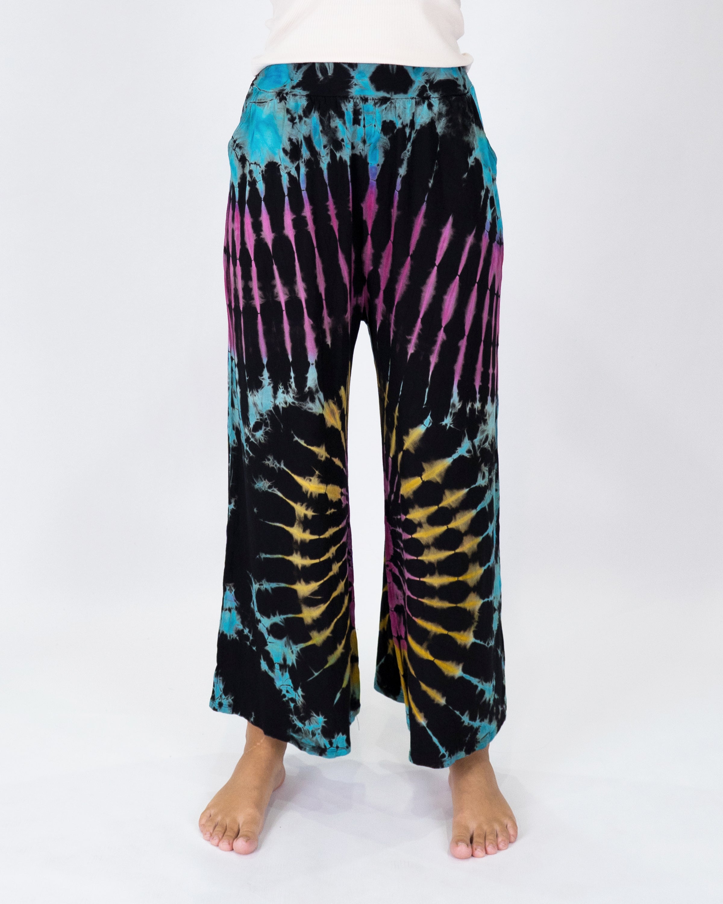 Soft Flex Tie Dye Wide Leg Pants in Black Turquoise