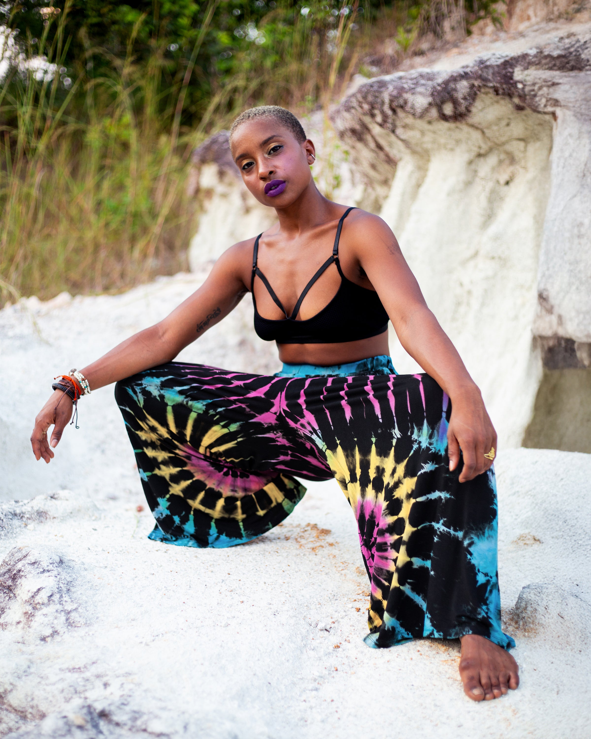 Soft Flex Tie Dye Wide Leg Pants in Black Turquoise