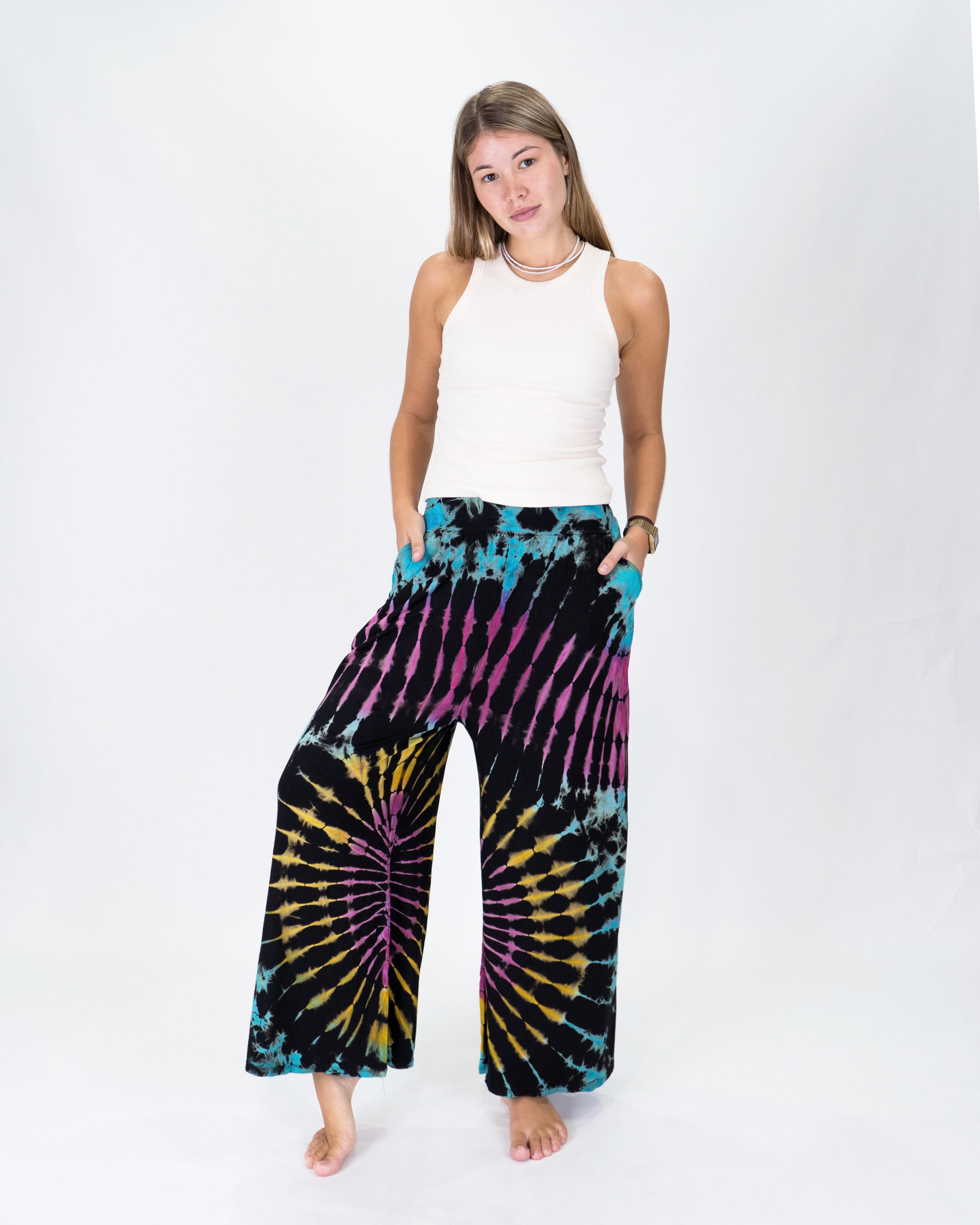 Soft Flex Tie Dye Wide Leg Pants in Black Turquoise