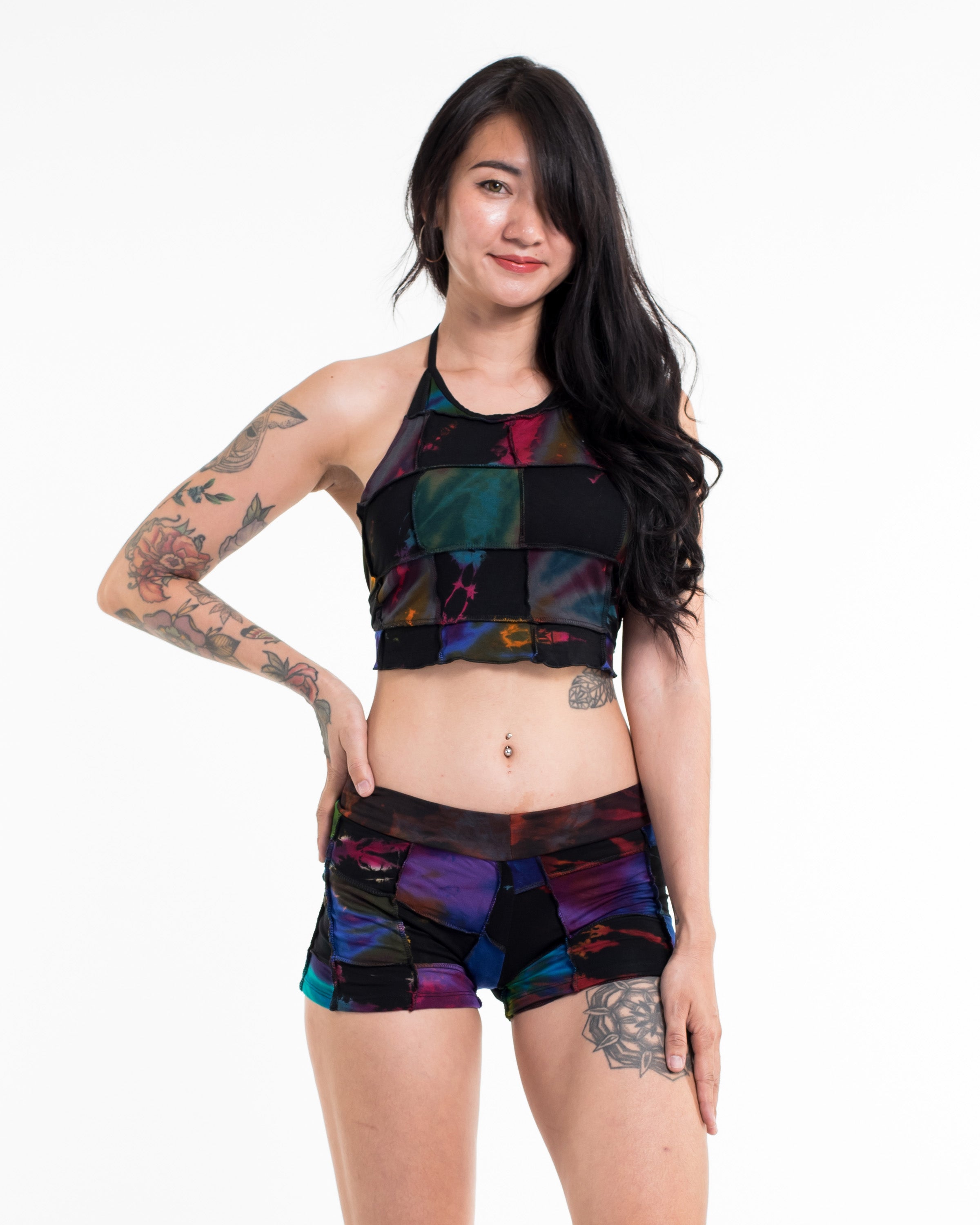 Patchwork Tie Dye Shorts in Multi Black