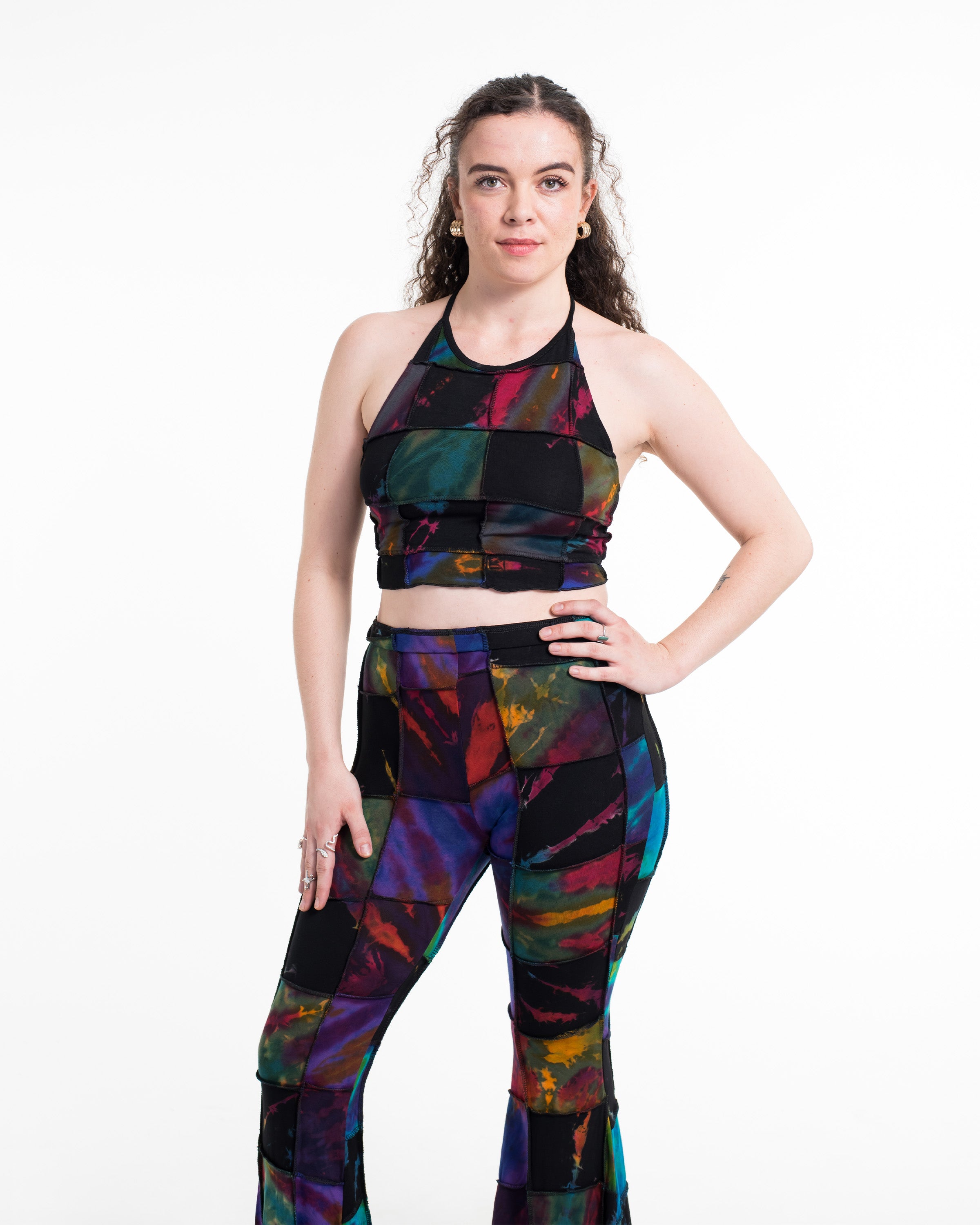 Patchwork Tie Dye Halter Top in Multi Black