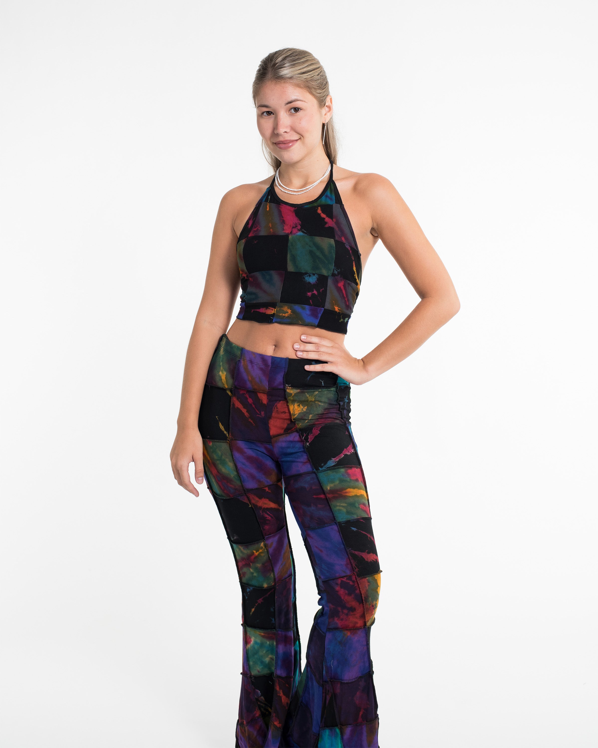 Patchwork Tie Dye Halter Top in Multi Black