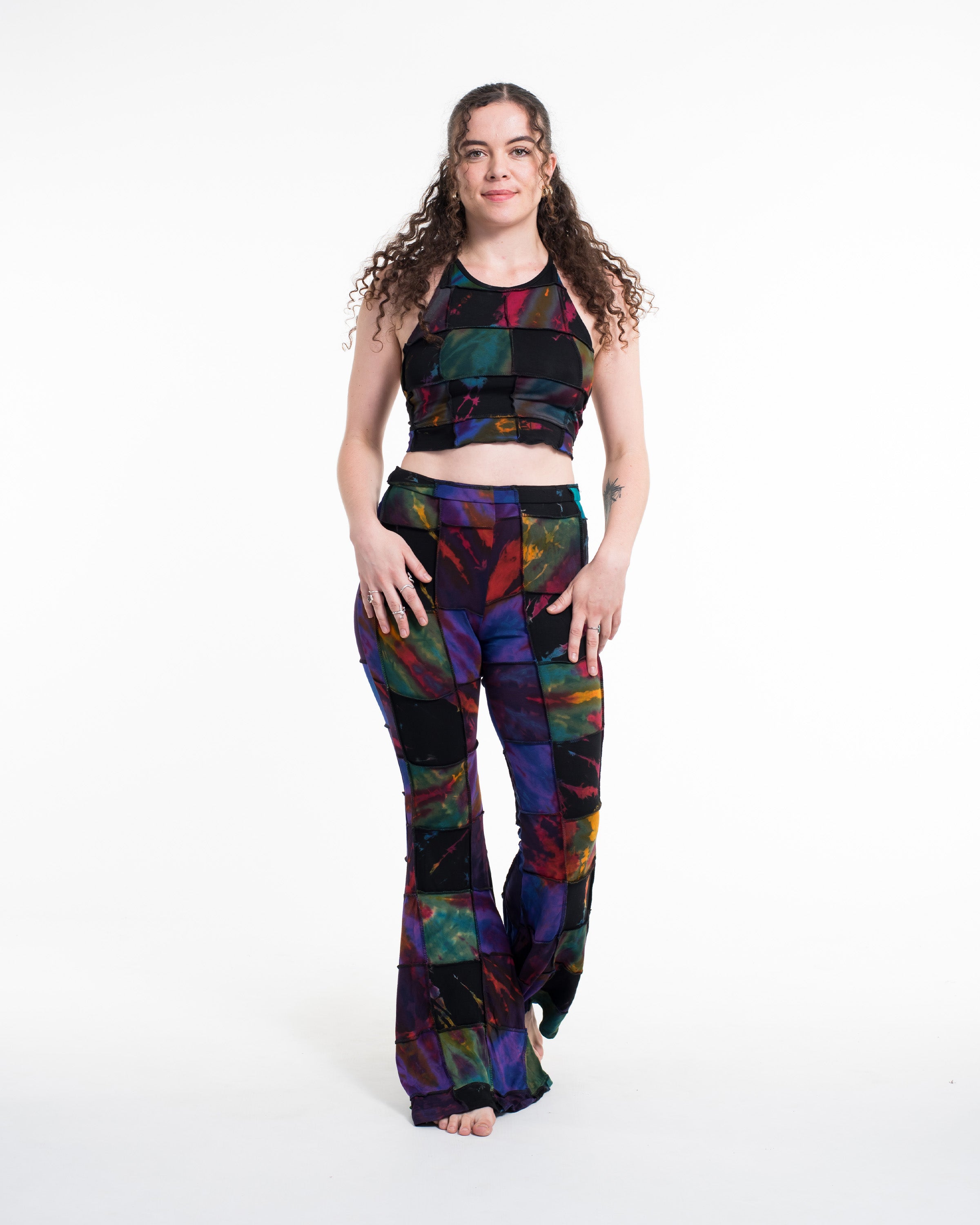 Patchwork Tie Dye Flare Pants in Multi Black