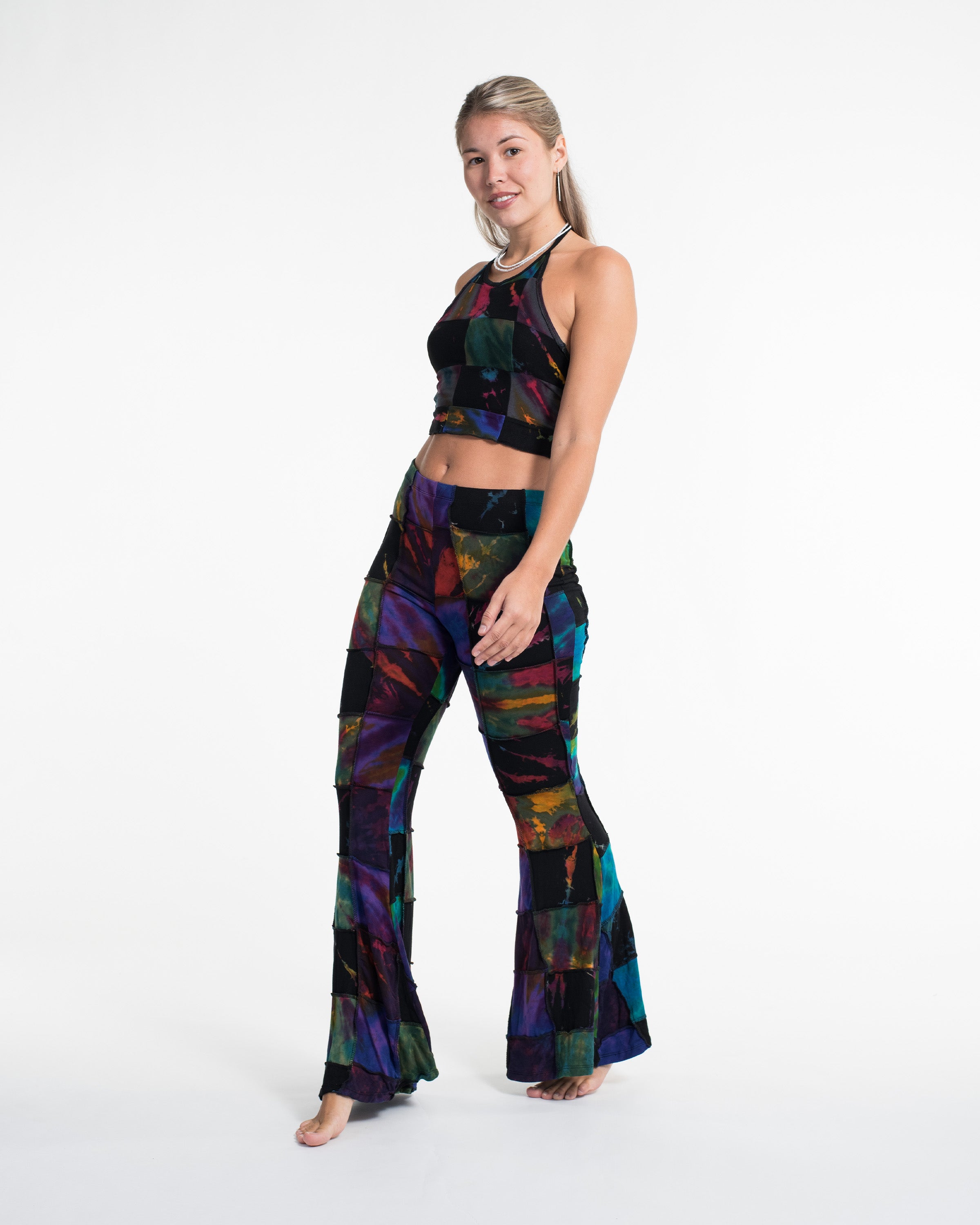 Patchwork Tie Dye Flare Pants in Multi Black