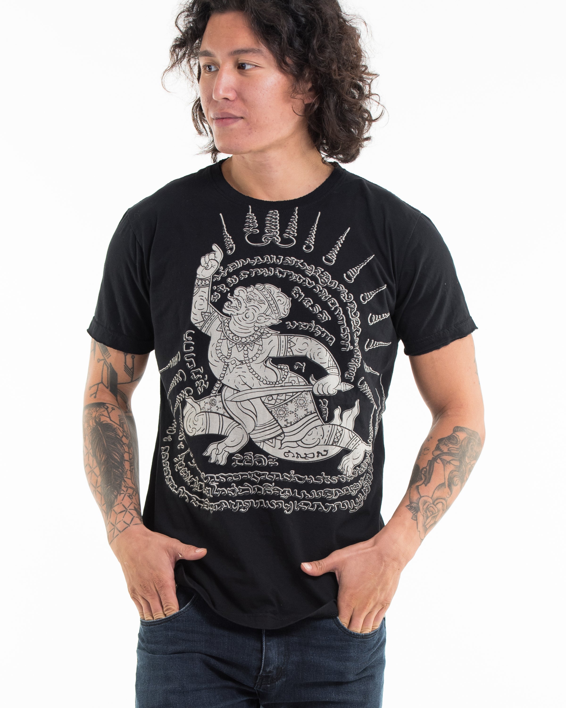 Unisex Hanuman Tattoo Cotton T-Shirt in Black
