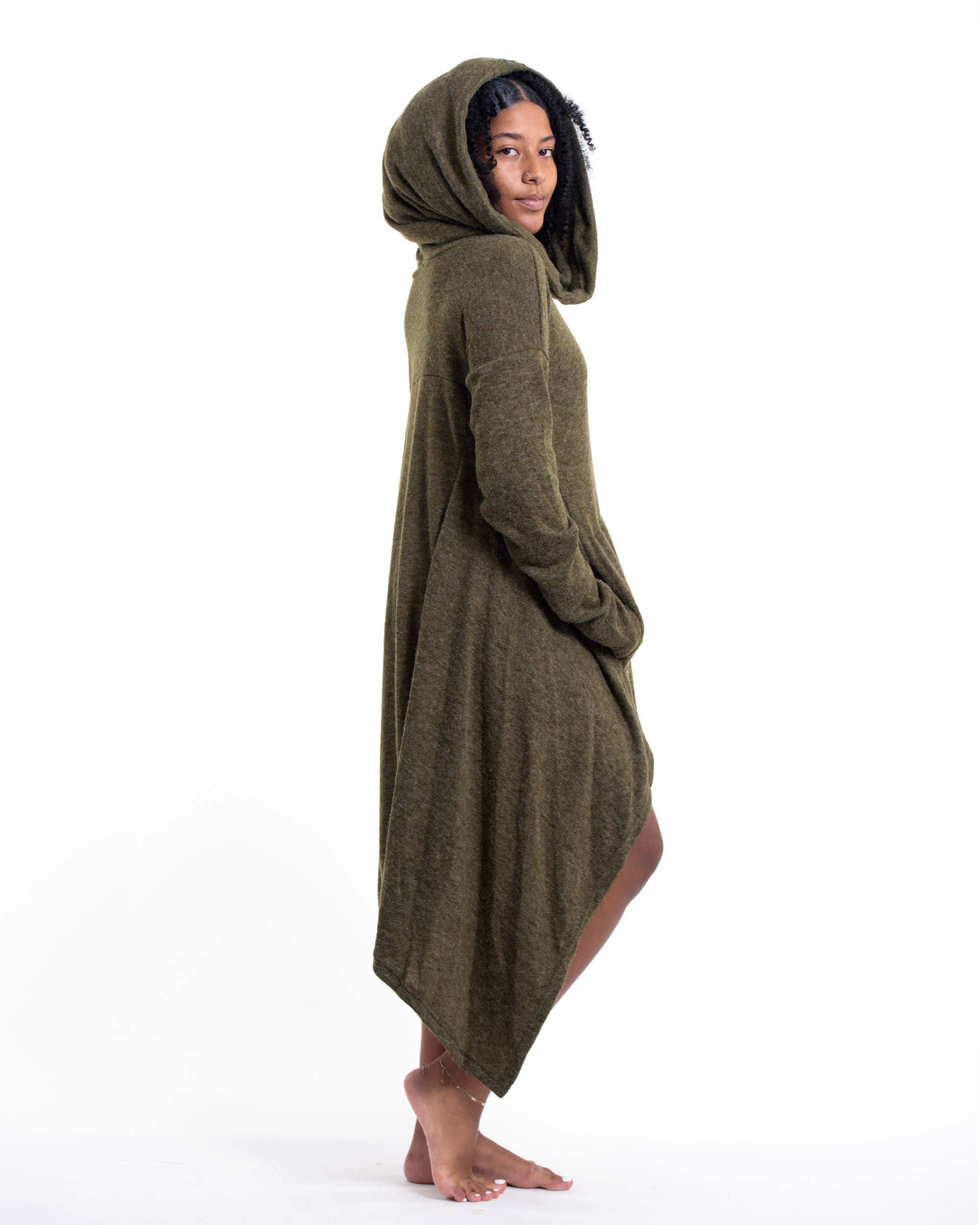 Ultra Long Hooded Sweater in Green