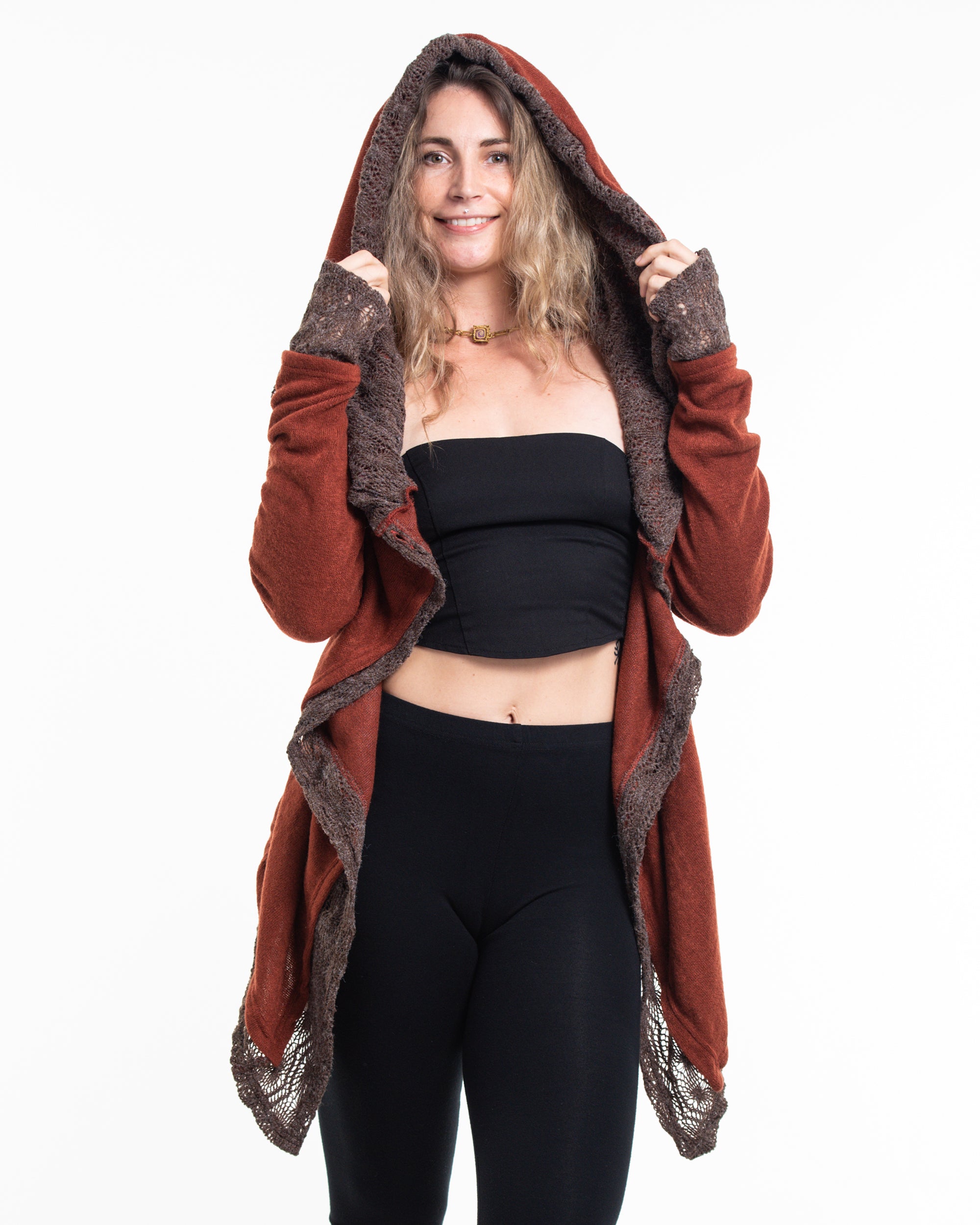 Hooded Shawl Cardigan in Brick