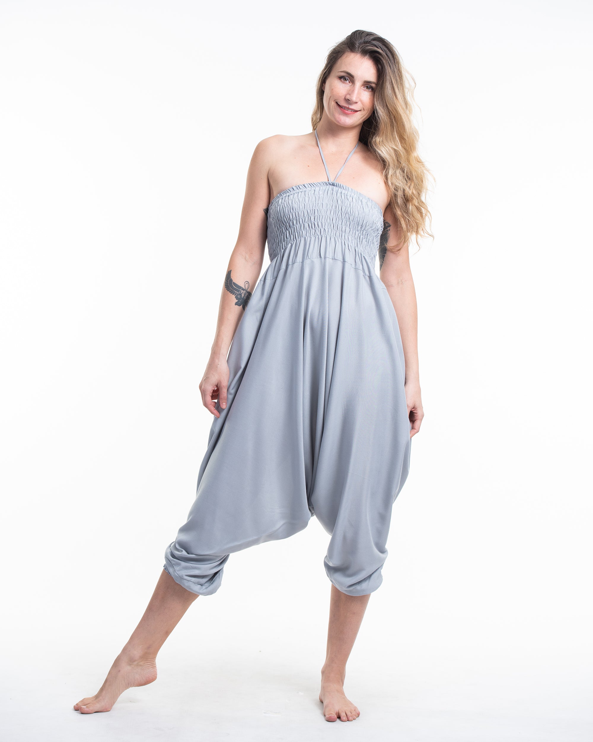 Solid Color 2-in-1 Jumpsuit Harem Pants in Light Gray