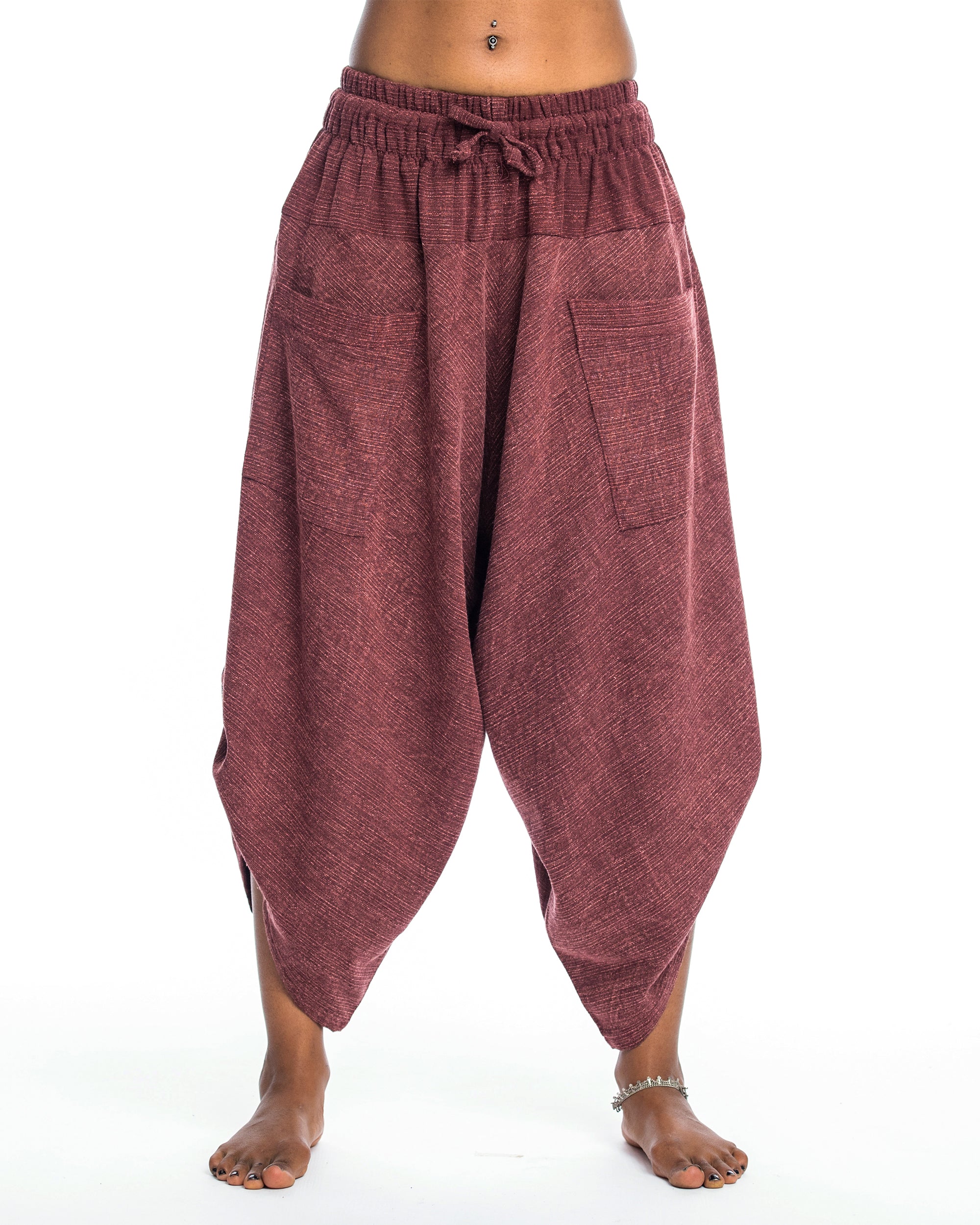 Stone Washed Large Pockets Women's Harem Pants in Maroon