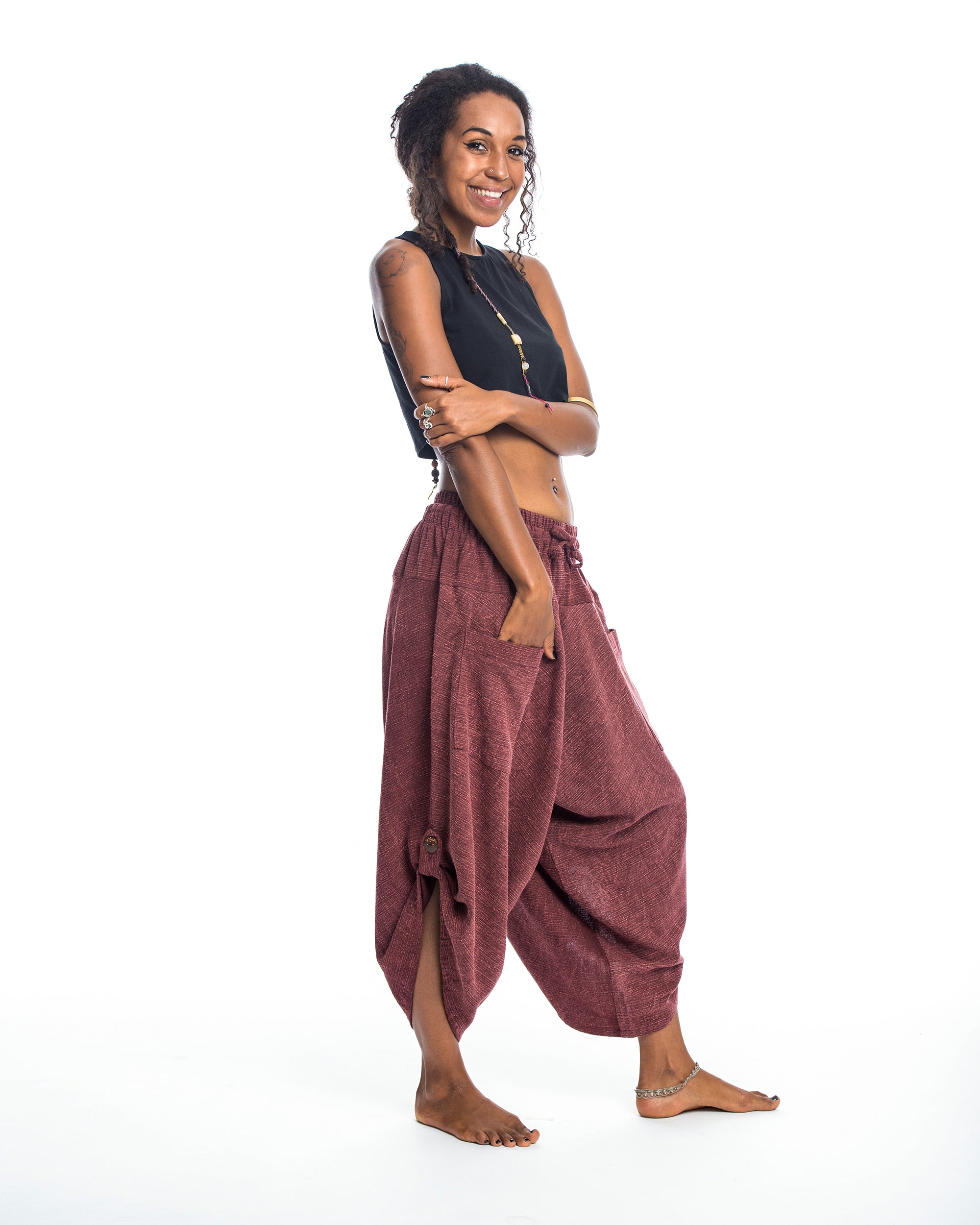 Stone Washed Large Pockets Women's Harem Pants in Maroon