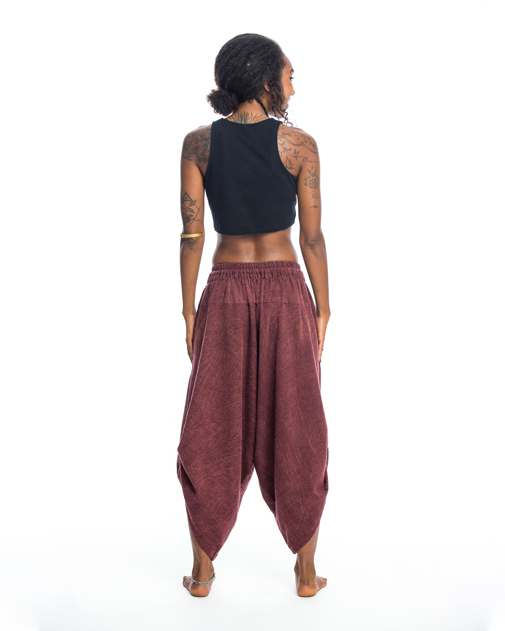 Stone Washed Large Pockets Women's Harem Pants in Maroon