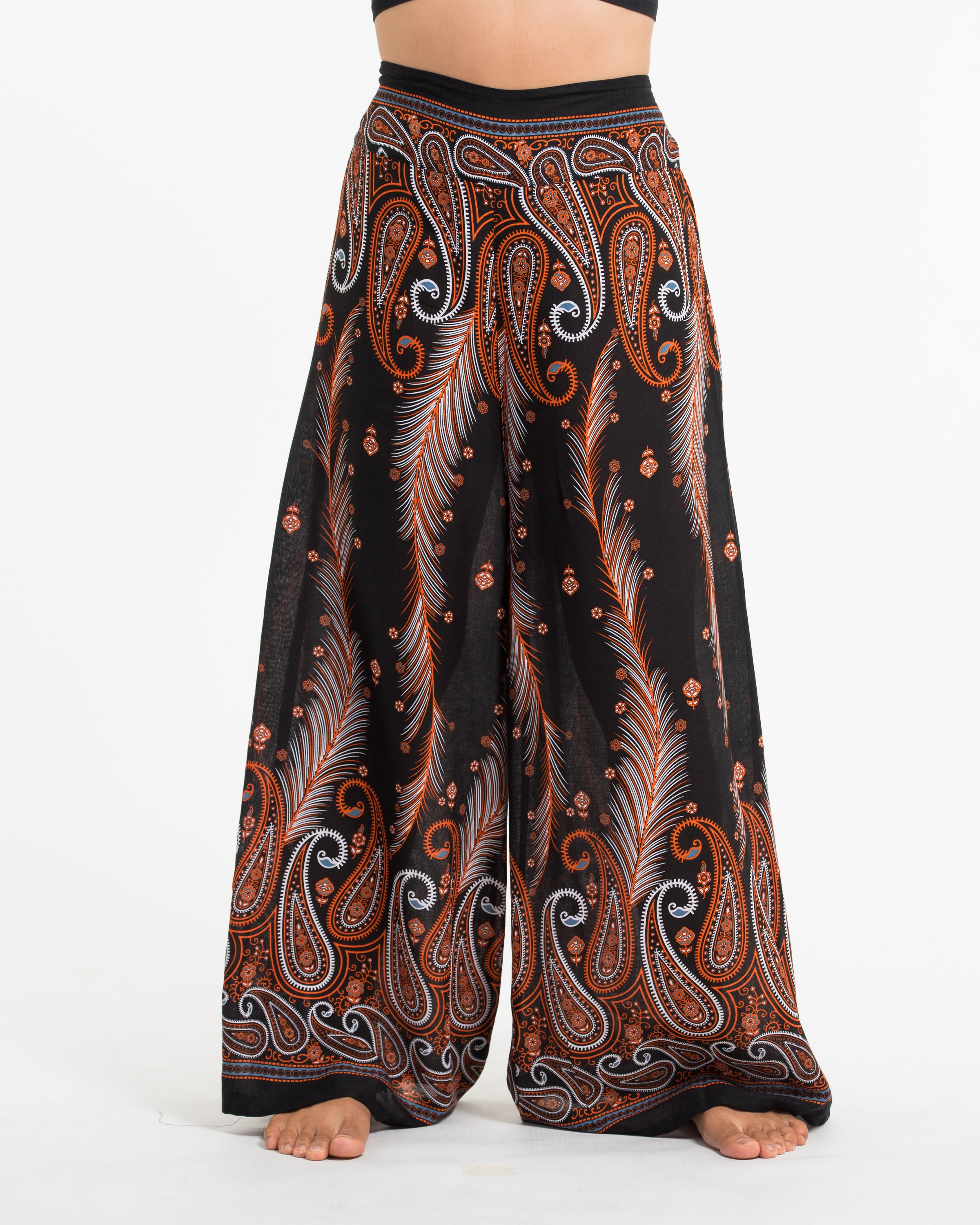 Paisley Feathers Palazzo Style Harem Pants in Black