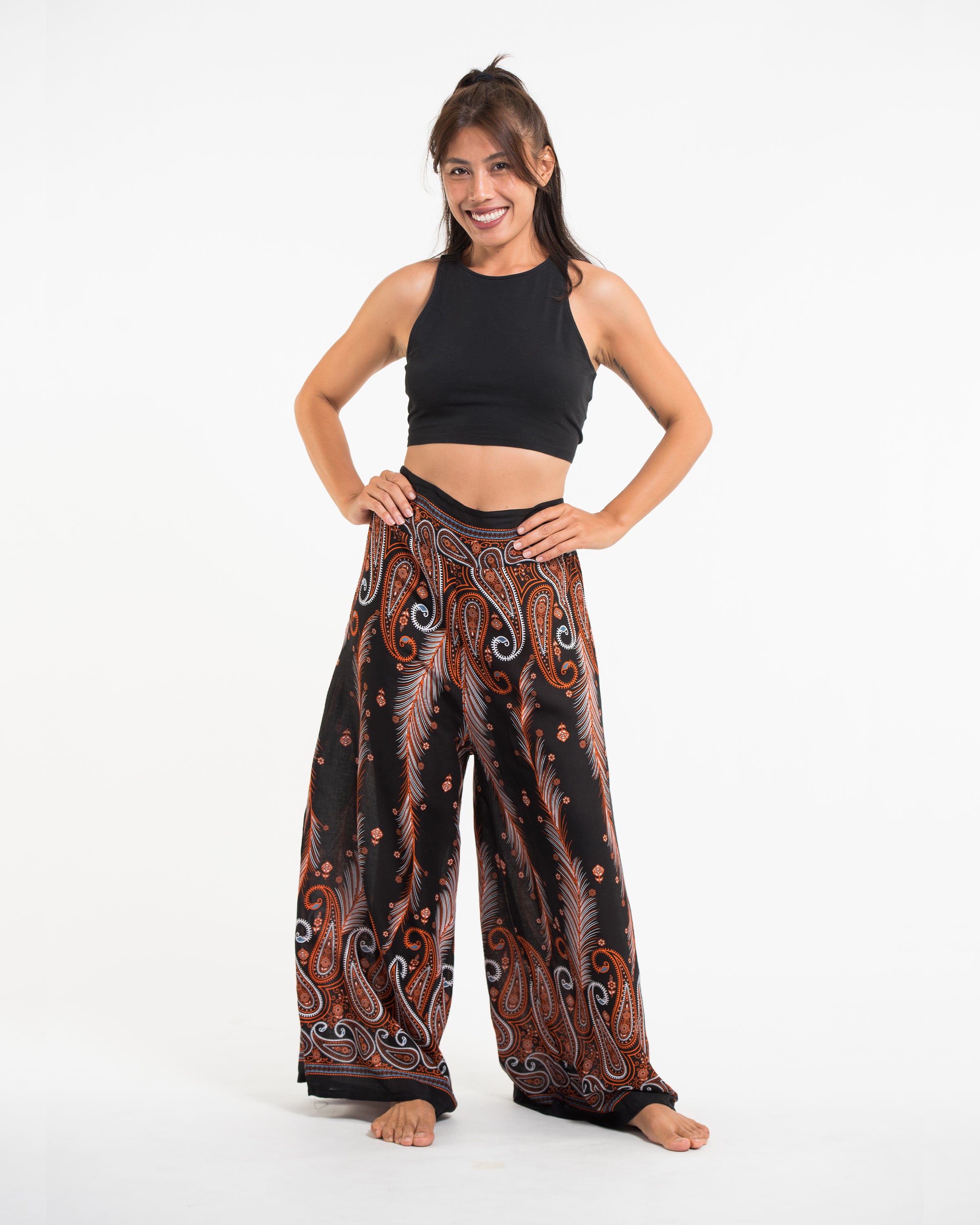 Paisley Feathers Palazzo Style Harem Pants in Black