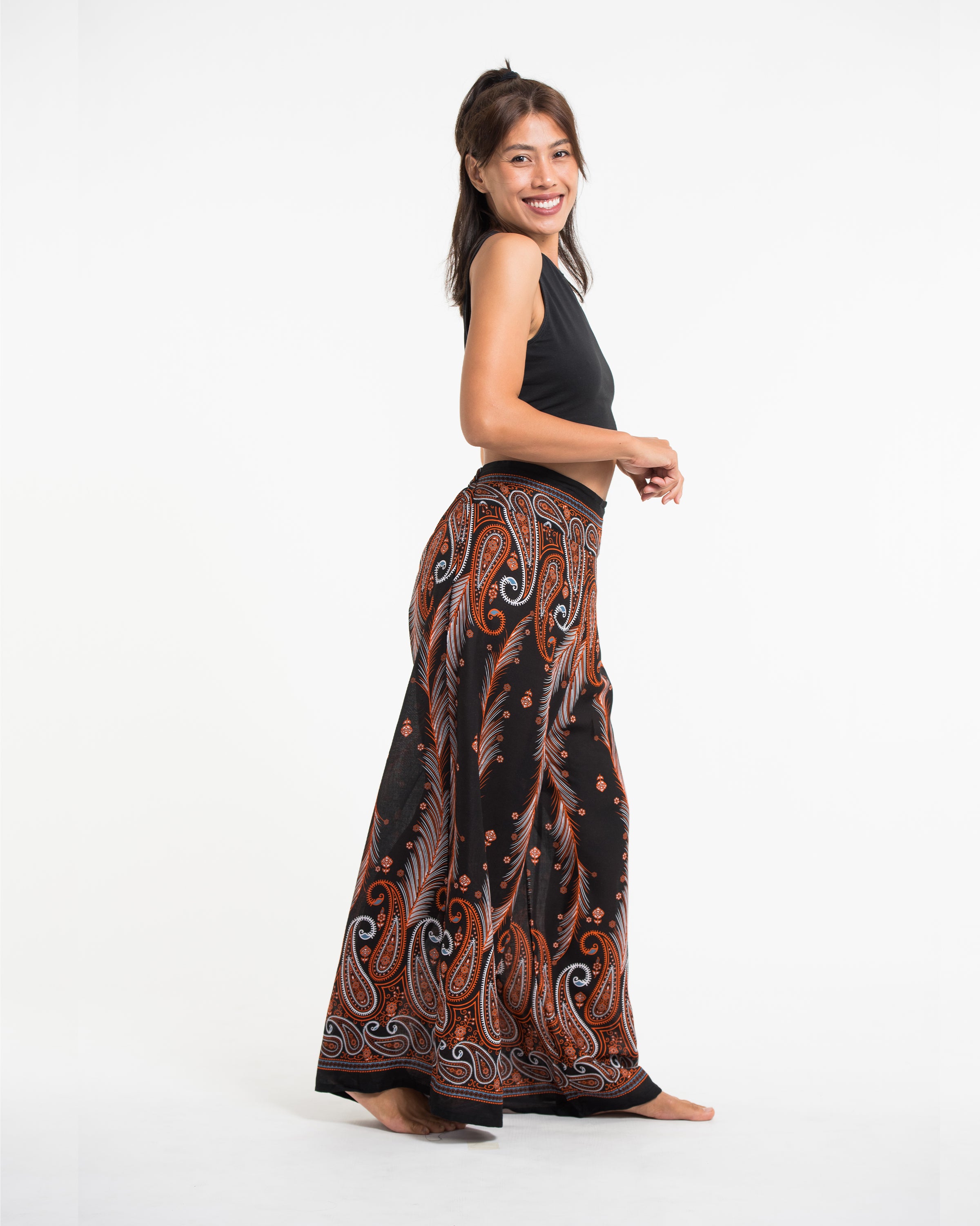Paisley Feathers Palazzo Style Harem Pants in Black