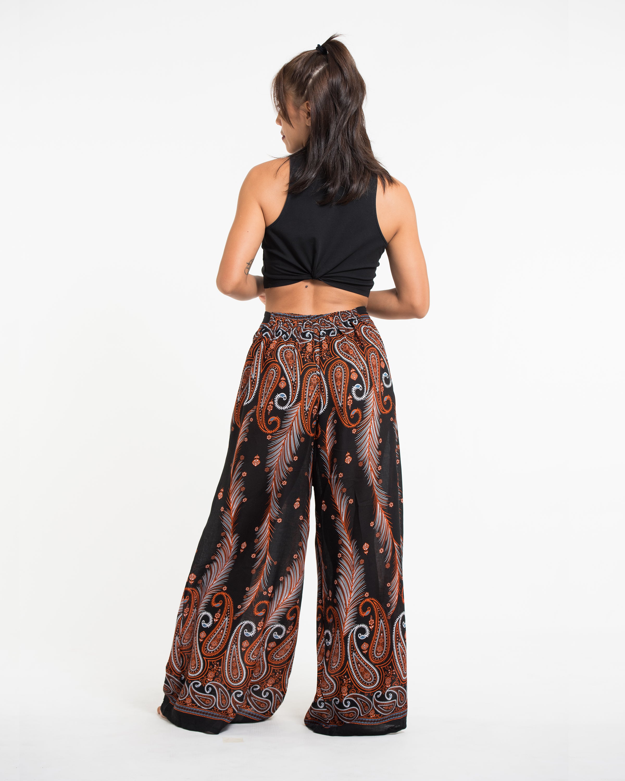 Paisley Feathers Palazzo Style Harem Pants in Black