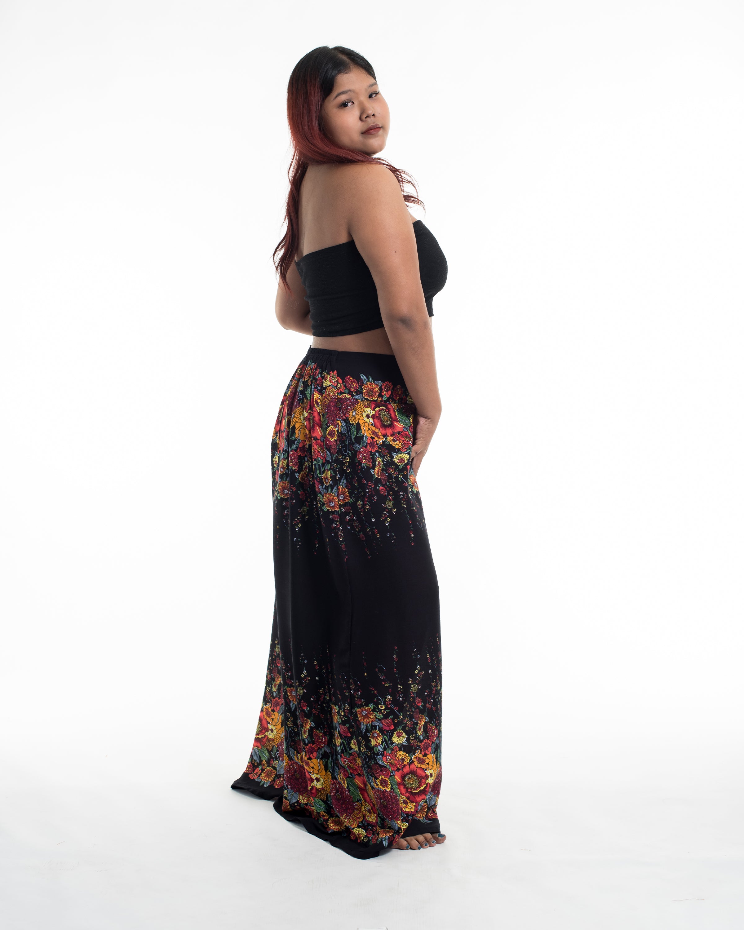 Plus Size Floral Palazzo Style Harem Pants in Black