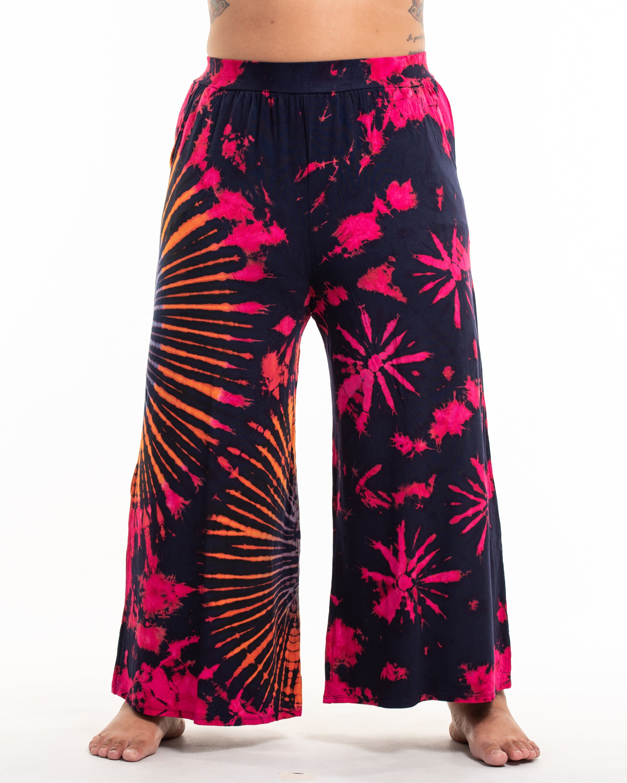Plus Size Soft Flex Tie Dye Wide Leg Pants in Navy Pink