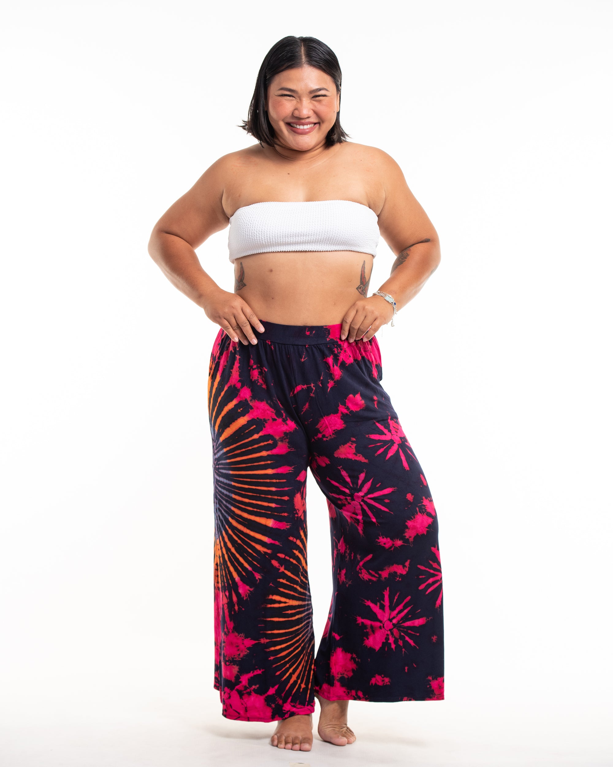 Plus Size Soft Flex Tie Dye Wide Leg Pants in Navy Pink