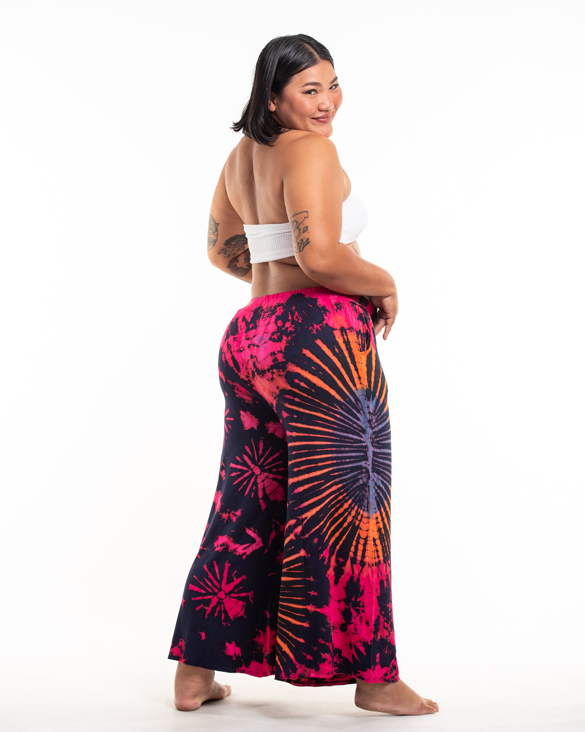 Plus Size Soft Flex Tie Dye Wide Leg Pants in Navy Pink