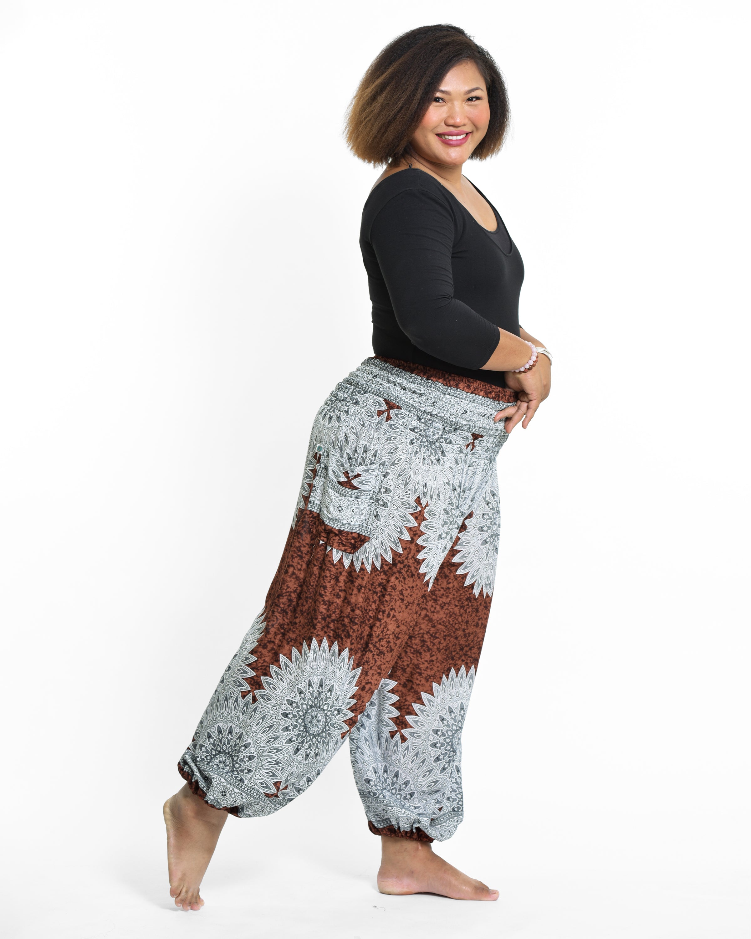 Plus Size Marble Mandalas Women's Harem Pants in Brown