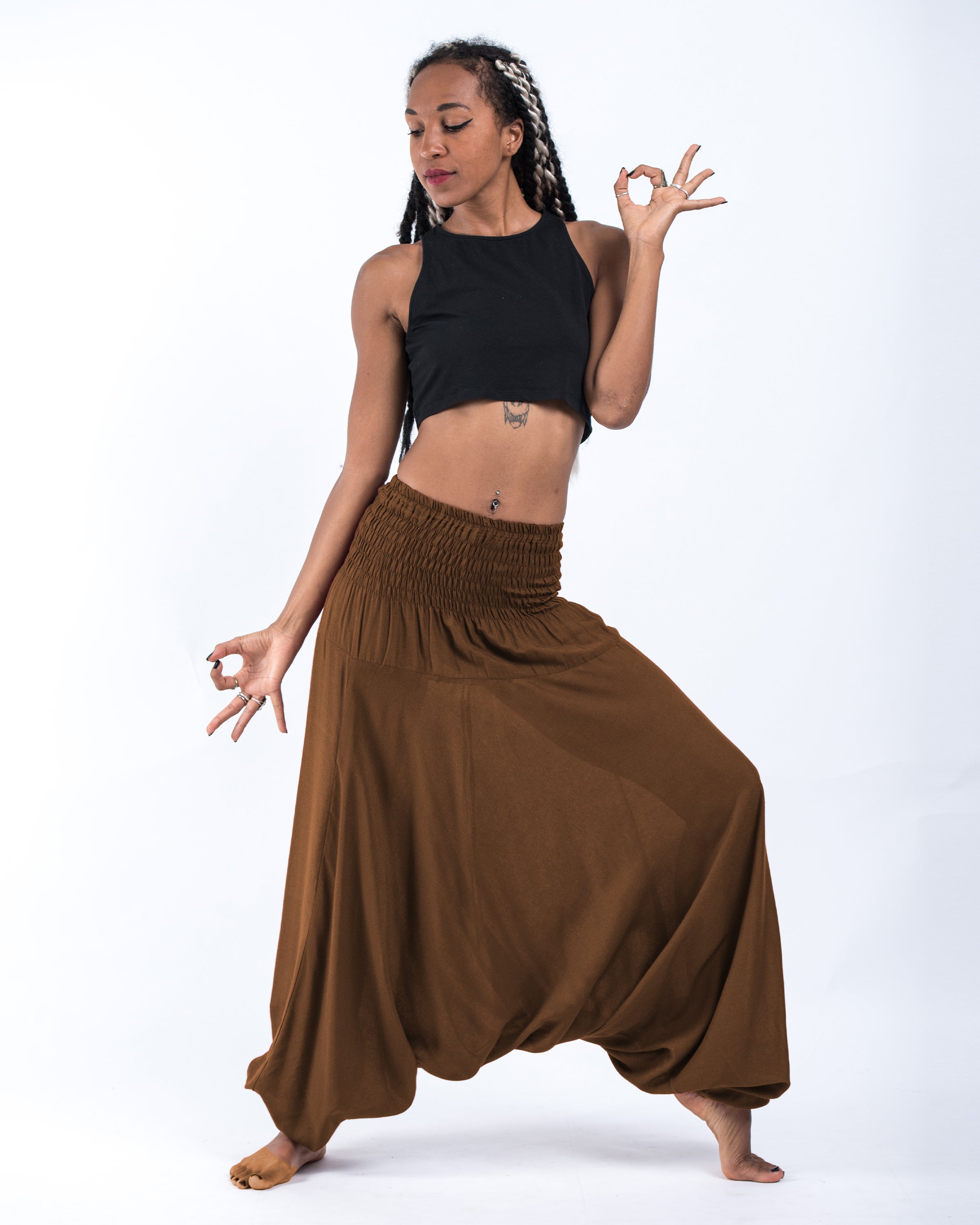 Solid Color 2-in-1 Jumpsuit Harem Pants in Brown