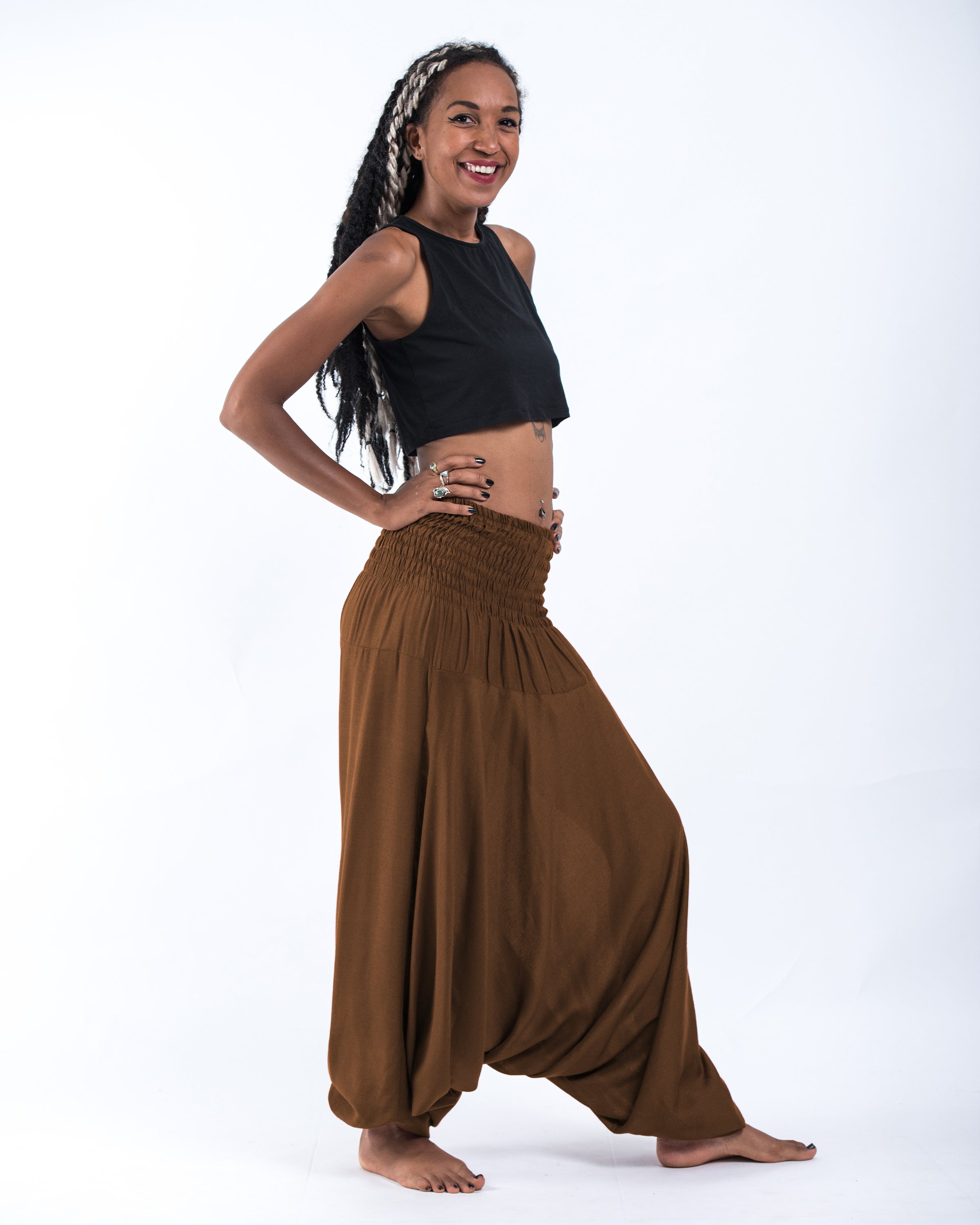 Solid Color 2-in-1 Jumpsuit Harem Pants in Brown