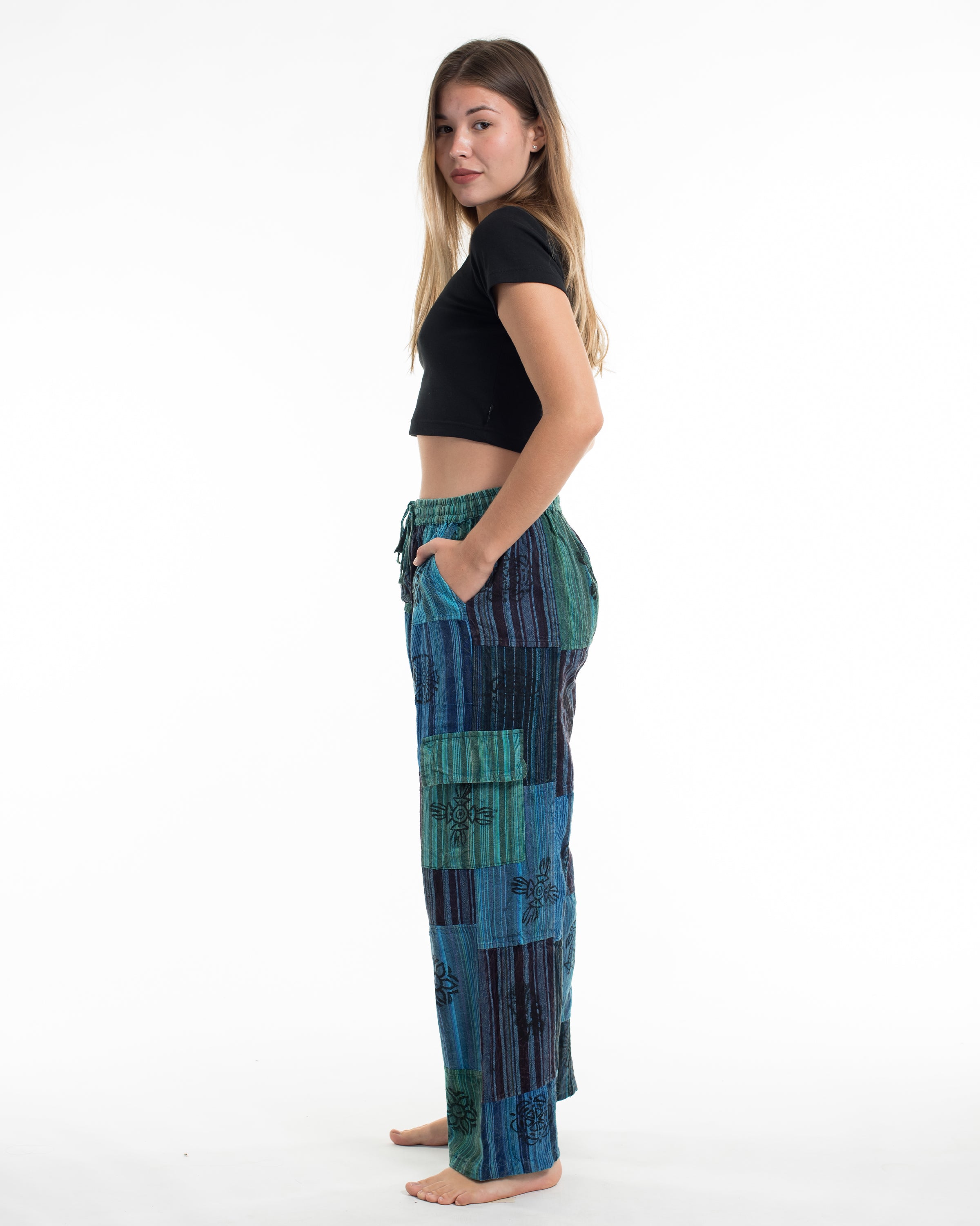 Women's Patchwork Block-Printed Pants in Blue