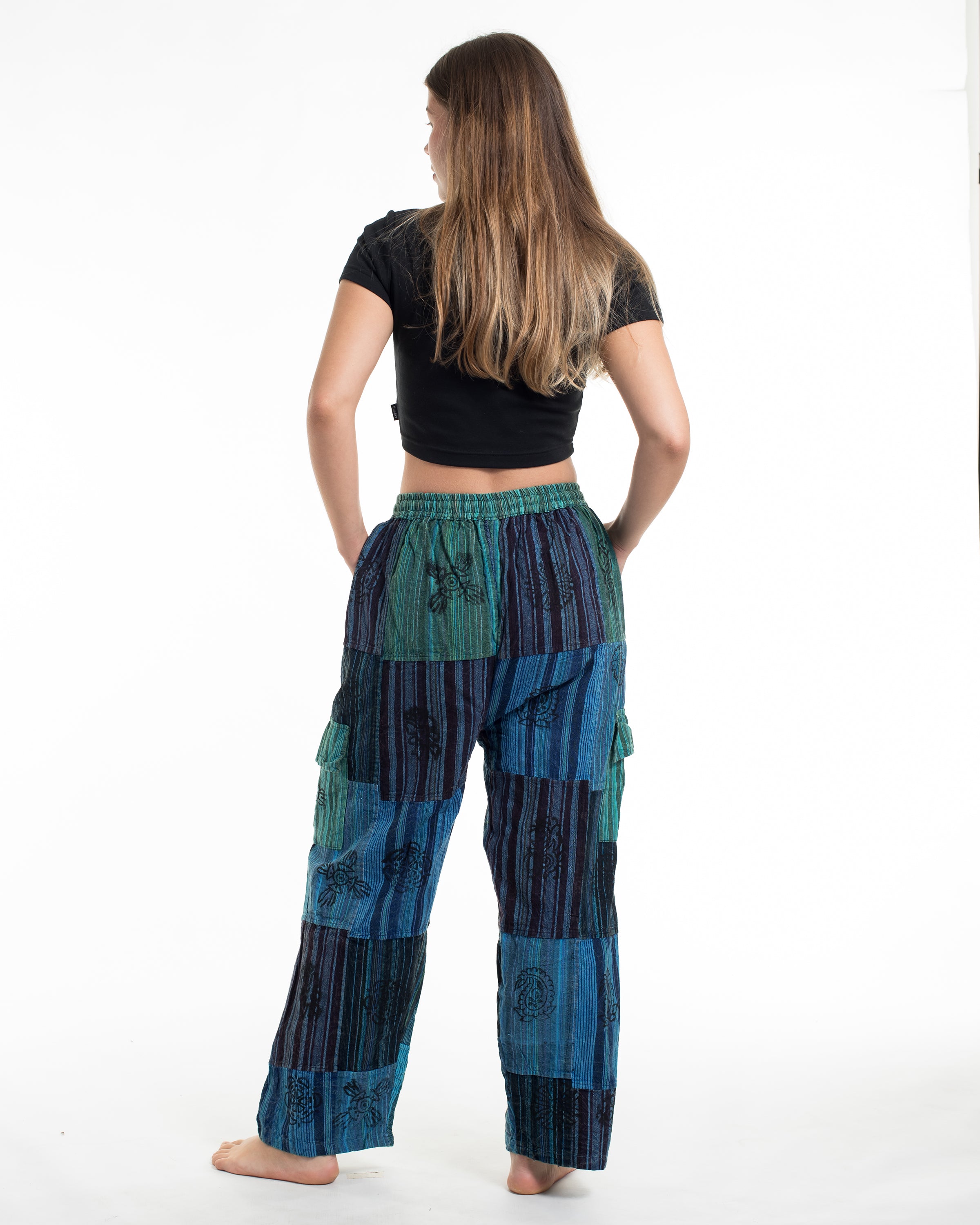 Women's Patchwork Block-Printed Pants in Blue