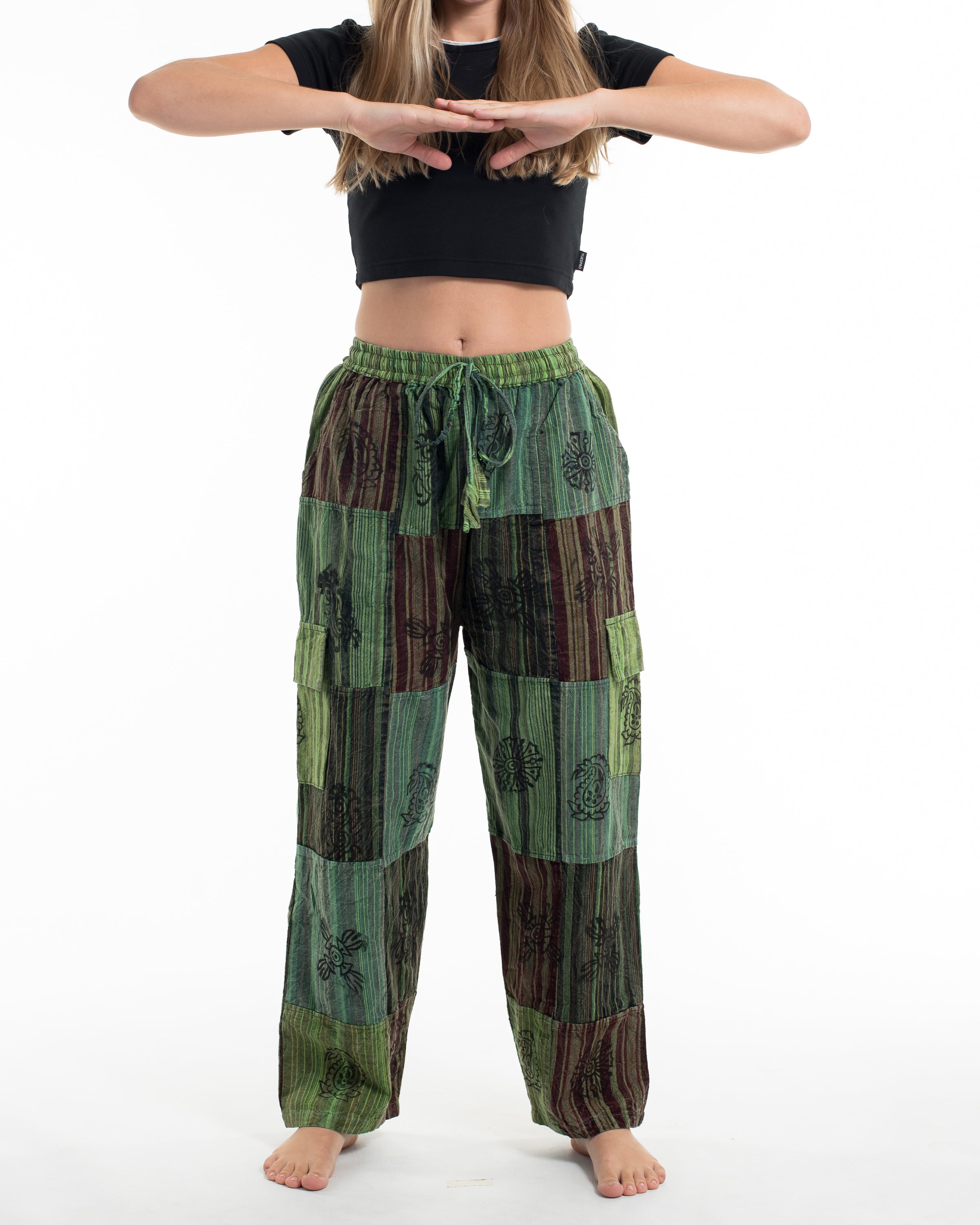 Women's Patchwork Block-Printed Pants in Green