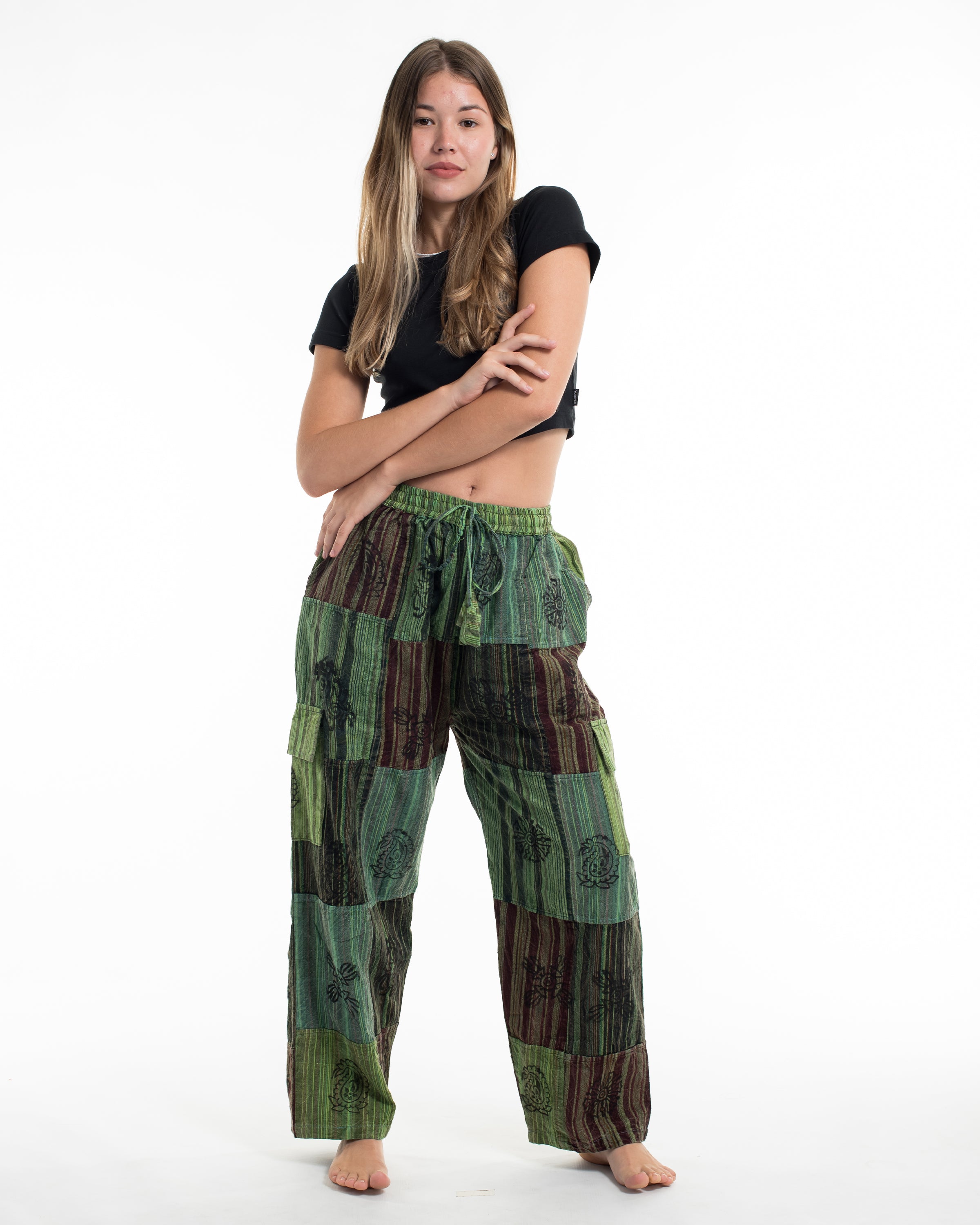 Women's Patchwork Block-Printed Pants in Green