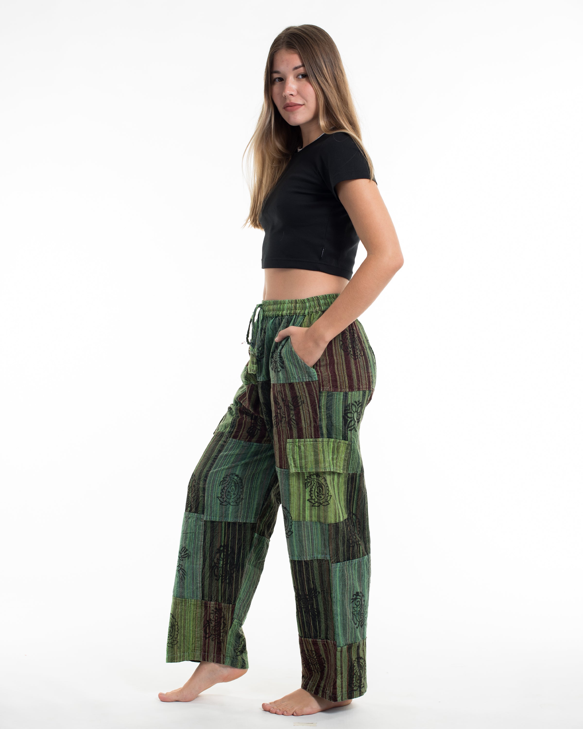 Women's Patchwork Block-Printed Pants in Green