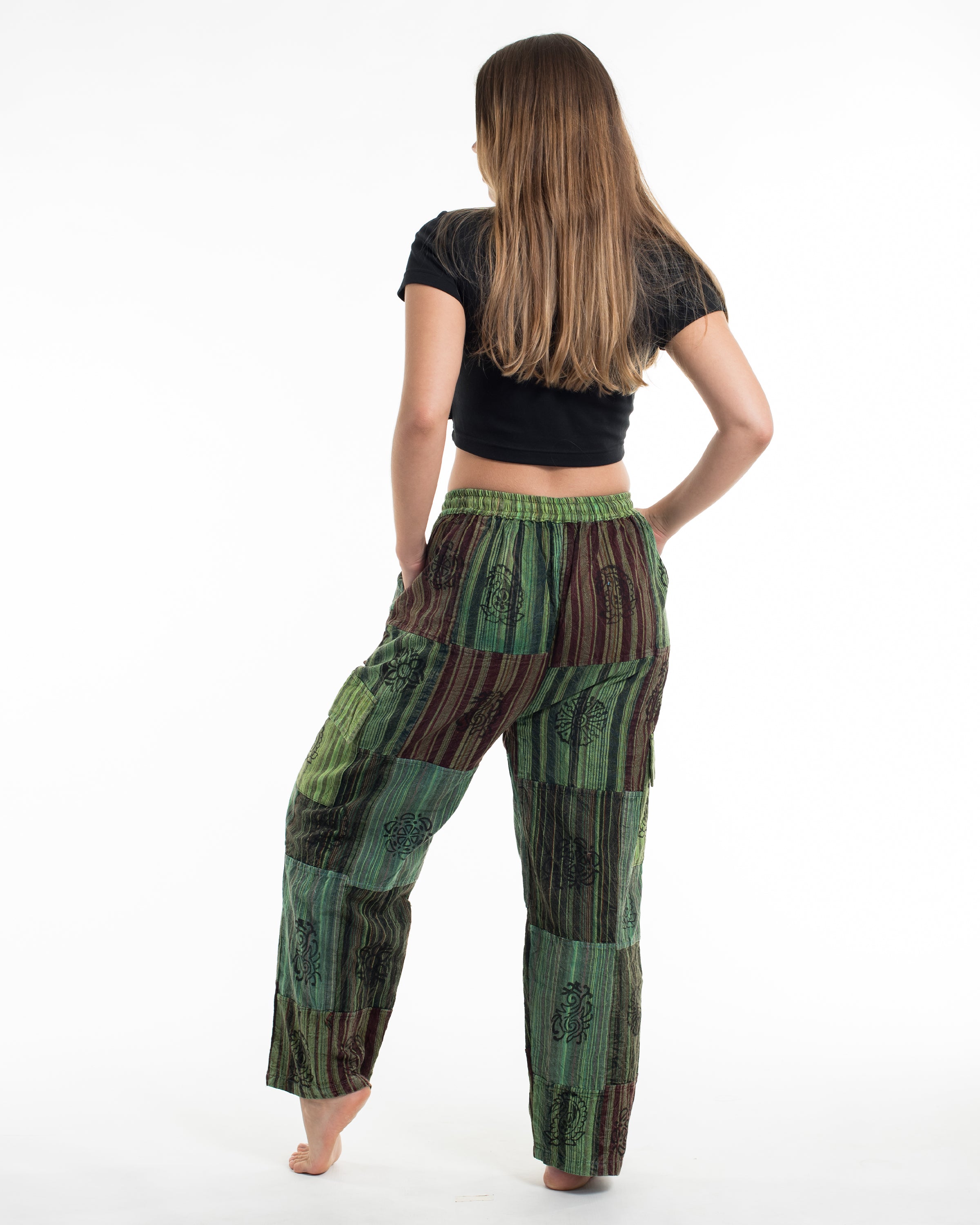 Women's Patchwork Block-Printed Pants in Green