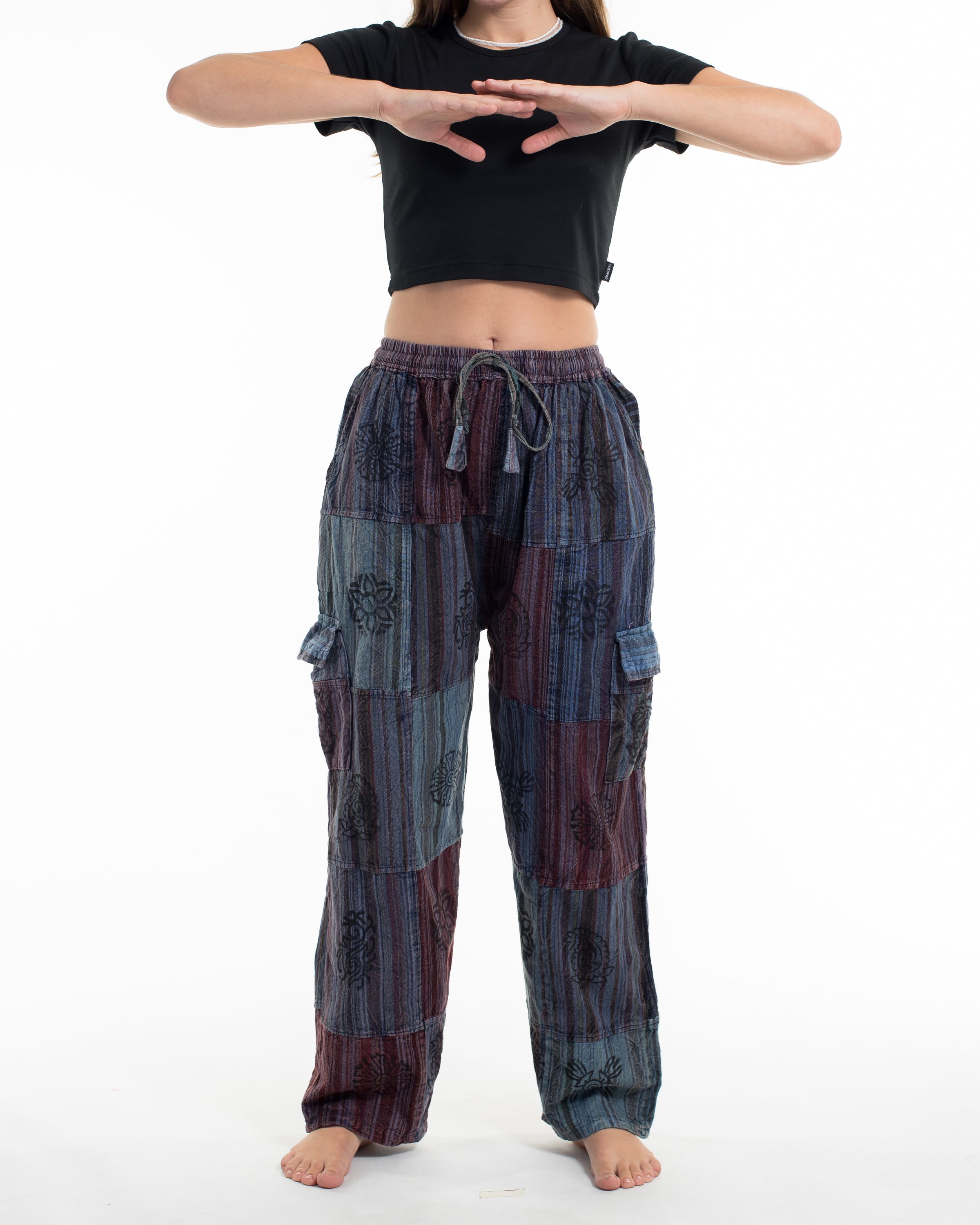 Women's Patchwork Block-Printed Pants in Navy